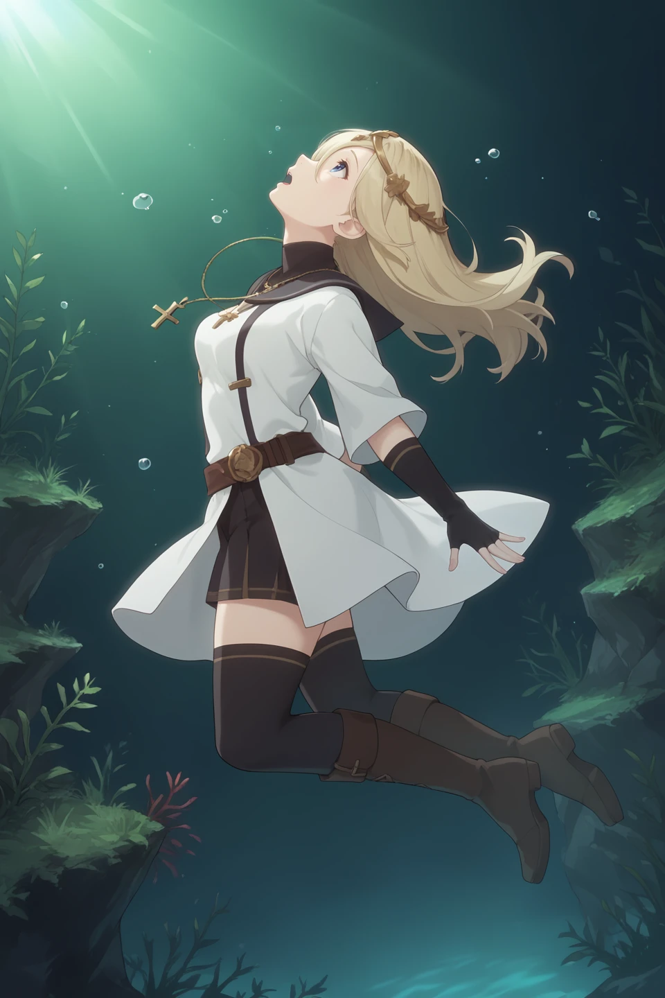 score_9, score_8_up, score_7_up, best quality, masterpiece, 4k, very aesthetic, source_anime, 1girl, white robe with blue accents, long blonde hair, blue eye, open mouth, panicking, (falling:1.2), from the side, sinking, underwater, side view, official art, solo focus, looking up, full body, absurdres, night sky, underwater vines, seaweed, light_rays, looking up, silver circlet, black legwear, bracer, tall brown boots, book, fingerless gloves, cross necklace, outstretched arm, hair over one eye, profile, <lora:Grimgar_Style:.6> grimfd