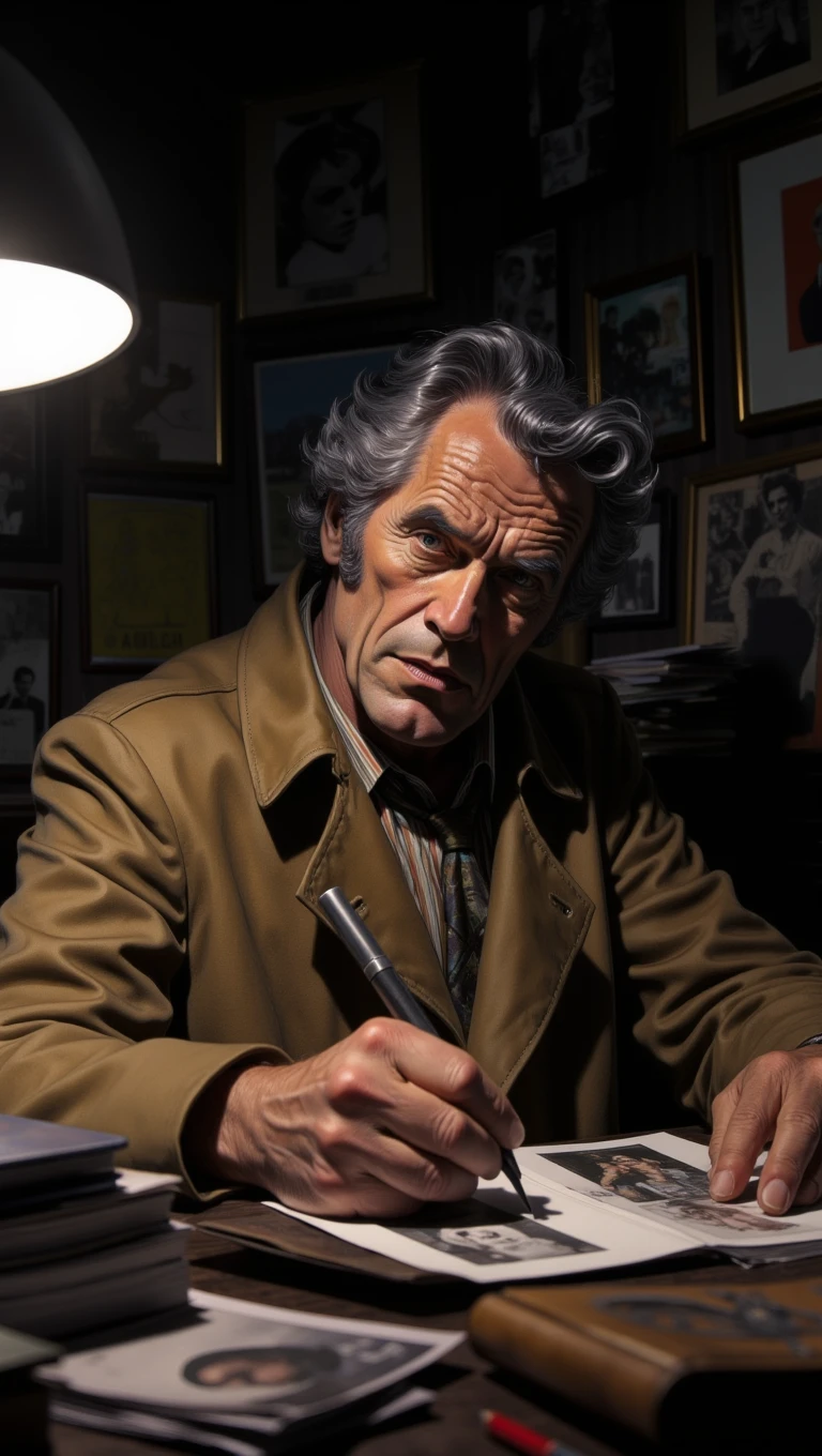 close up of A grizzled private detective in a rumpled trench coat sits at his cluttered desk, staring at a photograph. His office is dimly lit, the only illumination coming from a single desk lamp. The detectiveâs face is hard and lined, reflecting years of hard-boiled cases
<lora:Adventure_Comic_Book:0.8>