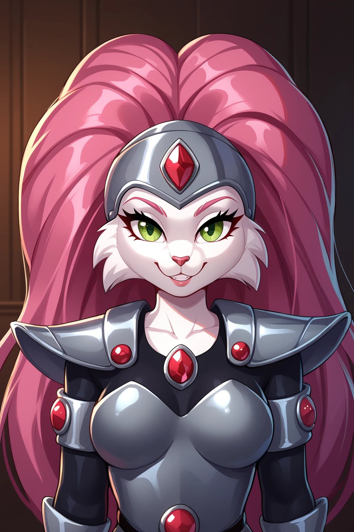 score_9, score_8_up, score_7_up, score_6_up, BREAK, JennyBOHXLv2, (no ears:1.2), anthro furry, furry female, white fur, green eyes, pink hair, long hair, cat tail, grey helmet, forehead red jewel, medium breasts, grey armor, red jewel, shoulder armor, breastplate, black bodysuit, armlet, solo, front view, (portrait, upper body), solo focus, seductive smile, looking at viewer, indoors <lora:JennyBOHXLv2:0.8>