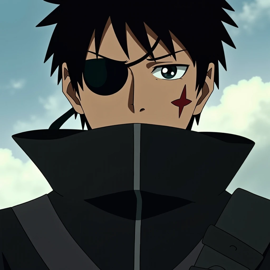 retro_anime,  man with a scar on his face and a dark eyepatch, in black ninja clothes, half body shot