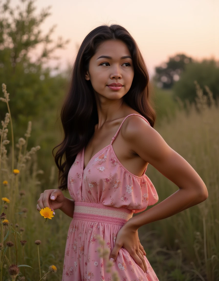 <lora:lin_nobody_asian_dev_f1:1> In this captivating portrait, a young woman stands poised amidst a tapestry of tall grasses and wildflowers that seem to dance in harmony with her gentle smile. Her pink floral dress, a masterful blend of pastel hues and intricate patterns, drapes elegantly around her form, as if infused with the same carefree spirit that animates her countenance. The loose waves of her dark hair cascade down her back like a waterfall of night itself, framing a face that is at once serene and radiant. As she gazes off to the side, her hand rests on her hip with a subtle nonchalance, while her other hand cradles a small yellow flower, its delicate petals shining like a miniature sun in the fading light. In the background, trees and bushes stretch towards the sky, their green leaves a vibrant counterpoint to the warm, golden tones that suffuse the scene as the sun sets behind them. The pale pink sky above, a gentle whisper of twilight, seems to vibrate with an air of peaceful reverie, inviting the viewer to step into this idyllic world and savor its serene beauty.