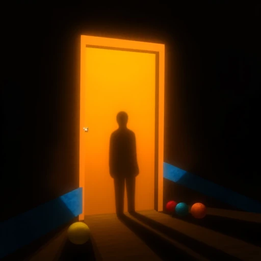 A shadow sillhouette standing with no features, orange door, blue tape on sides of door, faint ethereal light, bright yellow beams, blinding white gleams, dark environment is prominent, balloons surround the room, uncanny, surreal, digital artwork, ethereal, minimalist