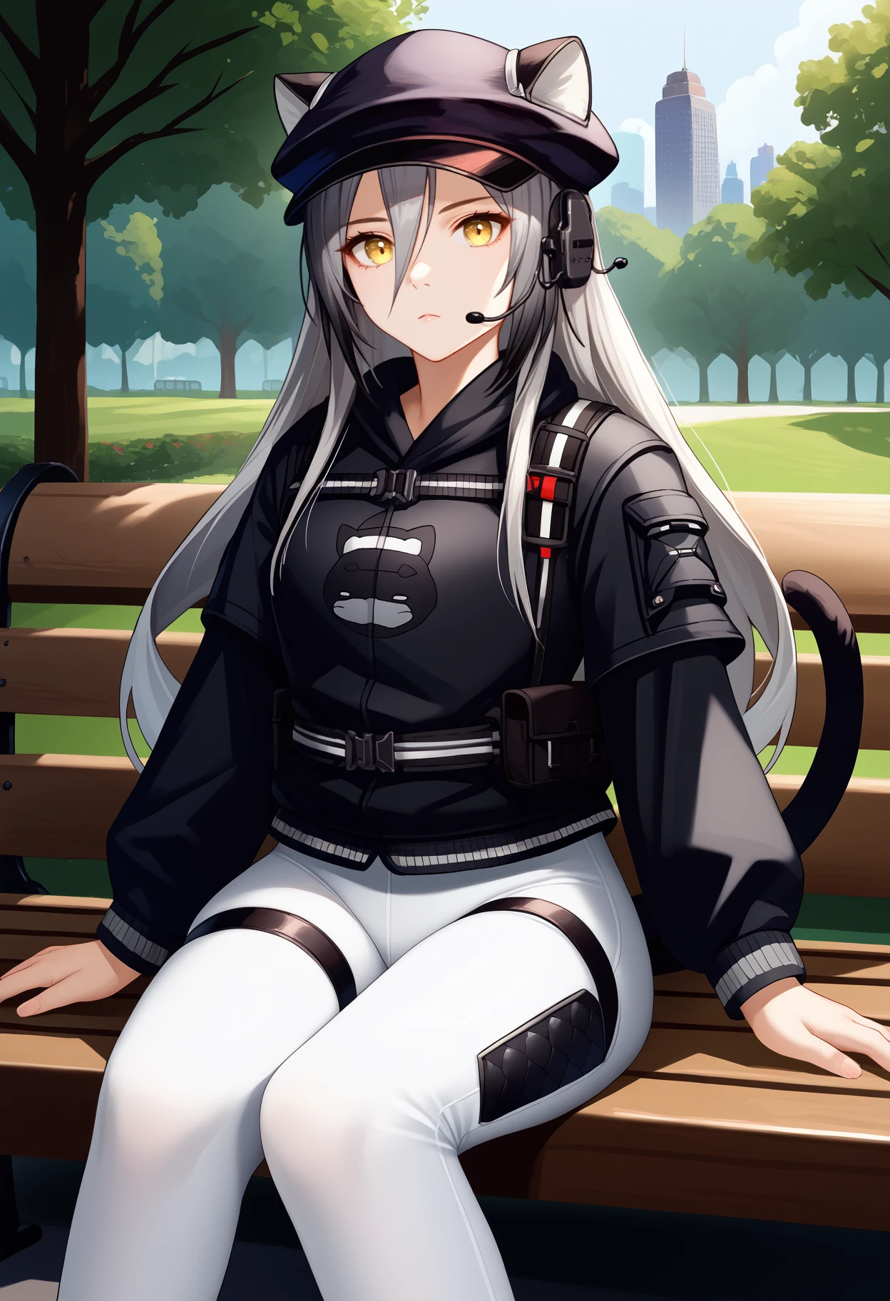 score_9, score_8_up, score_7_up, source_anime, <break> solo, 1girl, shwrzsky, cat tail, expressionless, looking at you, sitting, park bench, grey hair, animal ears, cabbie hat, ears through headwear, headset, yellow eyes, black jacket, animal print, long sleeves, white pants, tight pants, thigh strap, outdoors
<segment:yolo-face_yolov8m.pt,0.4,0.5//cid=1>