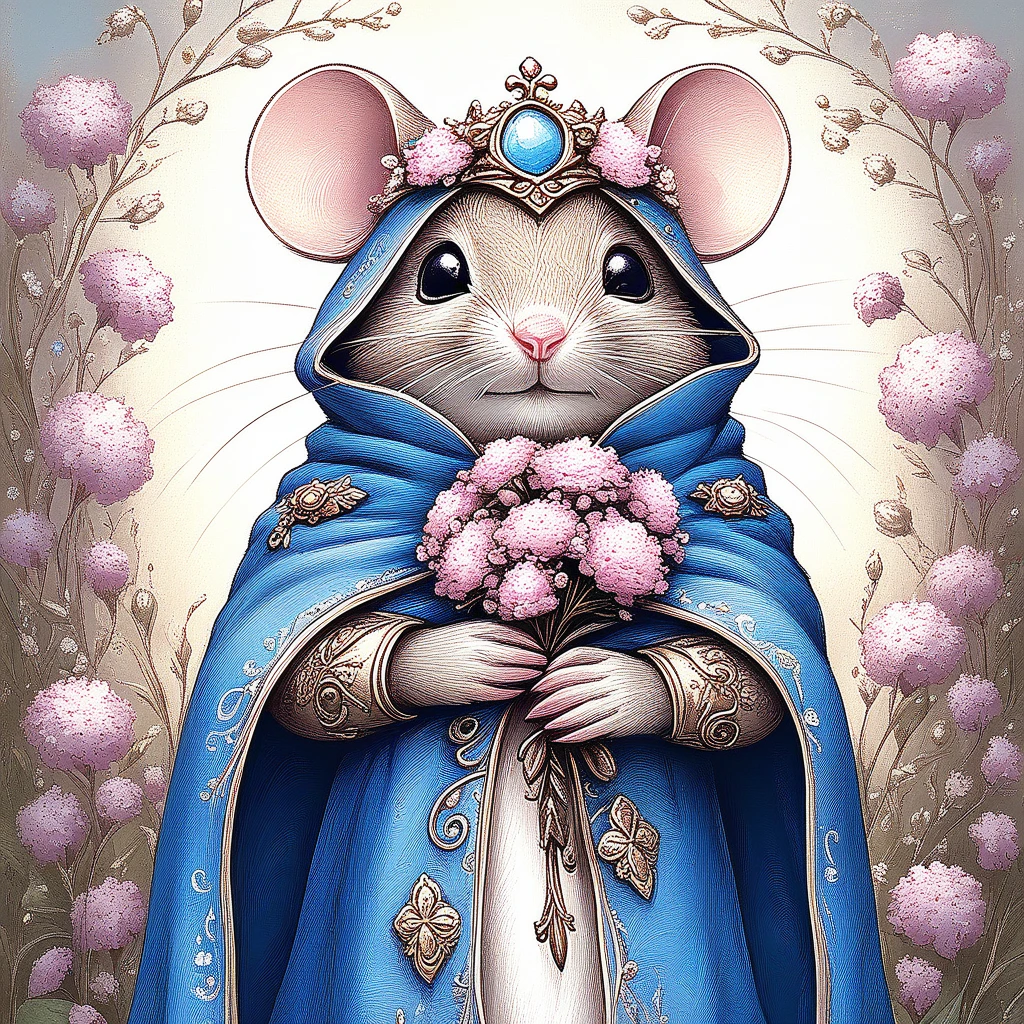 MazesAndMice, The image is a digital illustration of a mouse wearing a blue cloak and a crown on its head. The mouse is holding a bouquet of pink and white flowers in its paws and is wearing a gold chain around its neck. The background is a field of pink flowers with green leaves and stems. The overall color scheme of the image is warm and earthy with shades of blue pink and yellow. The illustration has a whimsical and magical feel to it., flower, holding flower, pink flower, holding, mouse, solo, hood, blue cape, furry, cloak