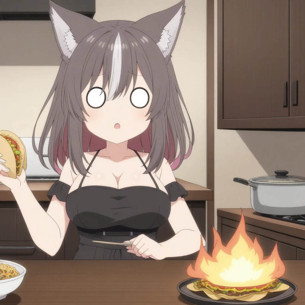 airi, large breasts, brown hair, streaked hair, wolf girl, wolf ears, yellow eyes, solo, anime drawing, virtual youtuber, oval eyes, 
O_O, kitchen, taco on fire, 
 <lora:AIRI-XL-t2-000003:0.6>