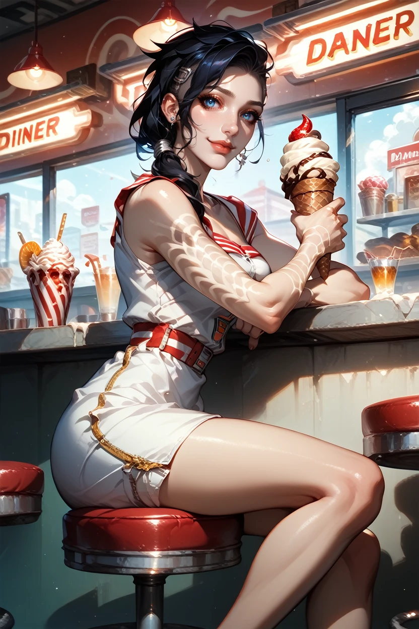 score_9, score_8_up, score_7_up, score_6_up
<lora:BLAngel:1.0>
BLAngel, 1girl, black hair, long hair, blue eyes, undercut, tattoo, looking at viewer, looking at viewer, smiling, sitting, on stool, inside diner, counter, holding ice cream cone