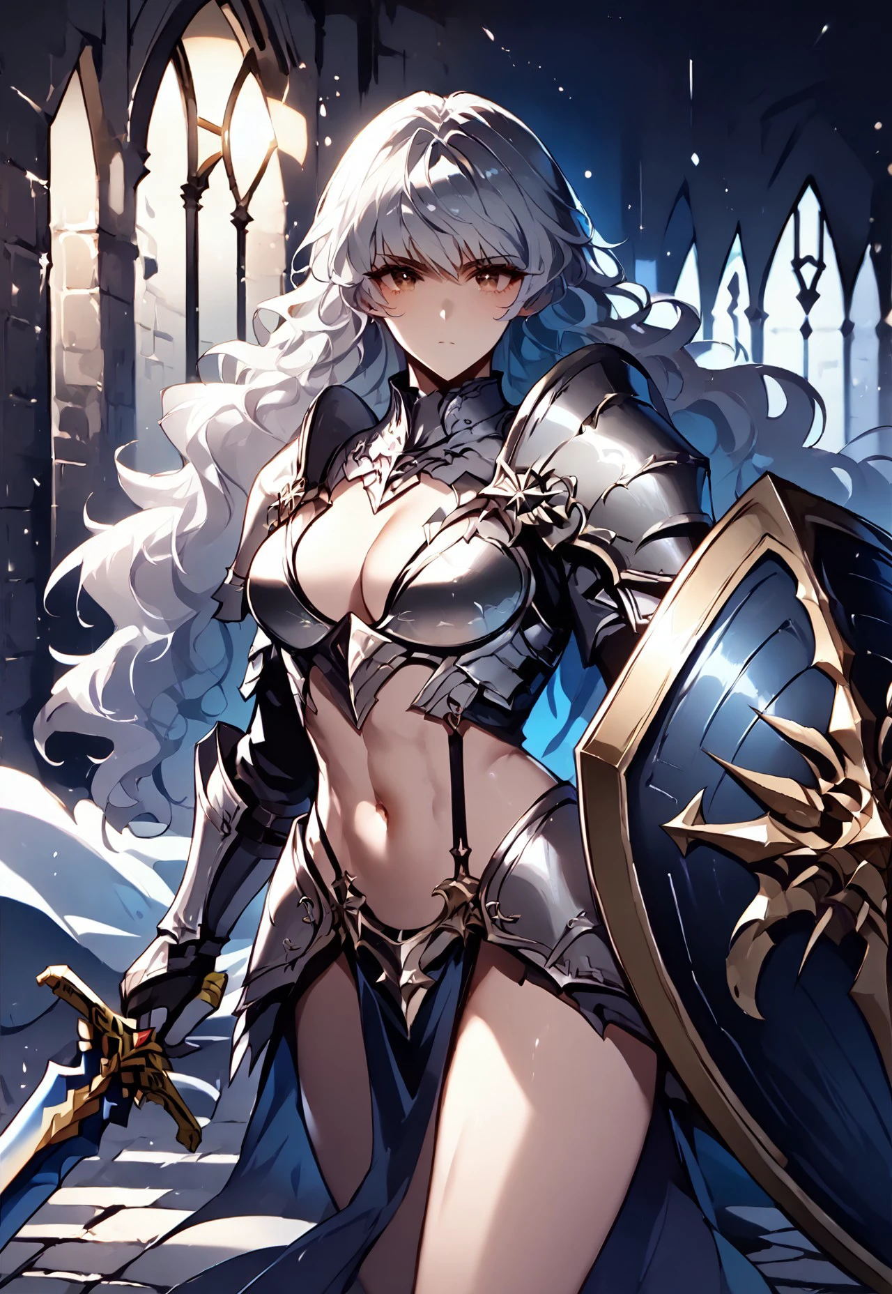 safe_pos, Sabrina, silver hair, wavy hair, long hair, bangs, brown eyes, slant eyes,  muscle, navel, silver armor, sling shot bikini, waist armor, tasses,, (shield and sword in hands:1.5), emotionless, 

 light particles, lens-flare, cinematic lighting, depth of field, deep glow effect,  (sharp edge, sharp features),  indoors, in dungeon, cobblestone wall, cobblestone floor, lantern, blue wall, blue floor, (dark-blue theme:1.2), dark corridor, 

score_9, score_8_up, score_7_up, perfect hand, 