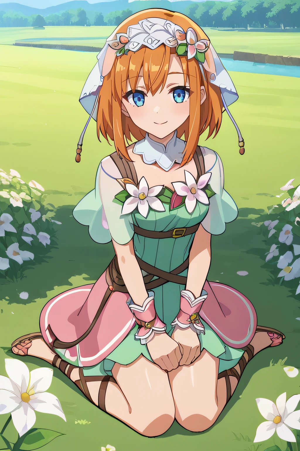 score_9, score_8_up, score_7_up, source_anime, rating_safe, intricate details, anime screencap, official style, 1girl, <lora:Shara:1>, shara, orange hair, blue eyes, medium hair, light green dress, straps, detached collar, lace veil, flower petals around chest, wrist cuffs, pink skirt, green skirt, outdoor, smile, full body, kneeling, sandals, sitting on grass