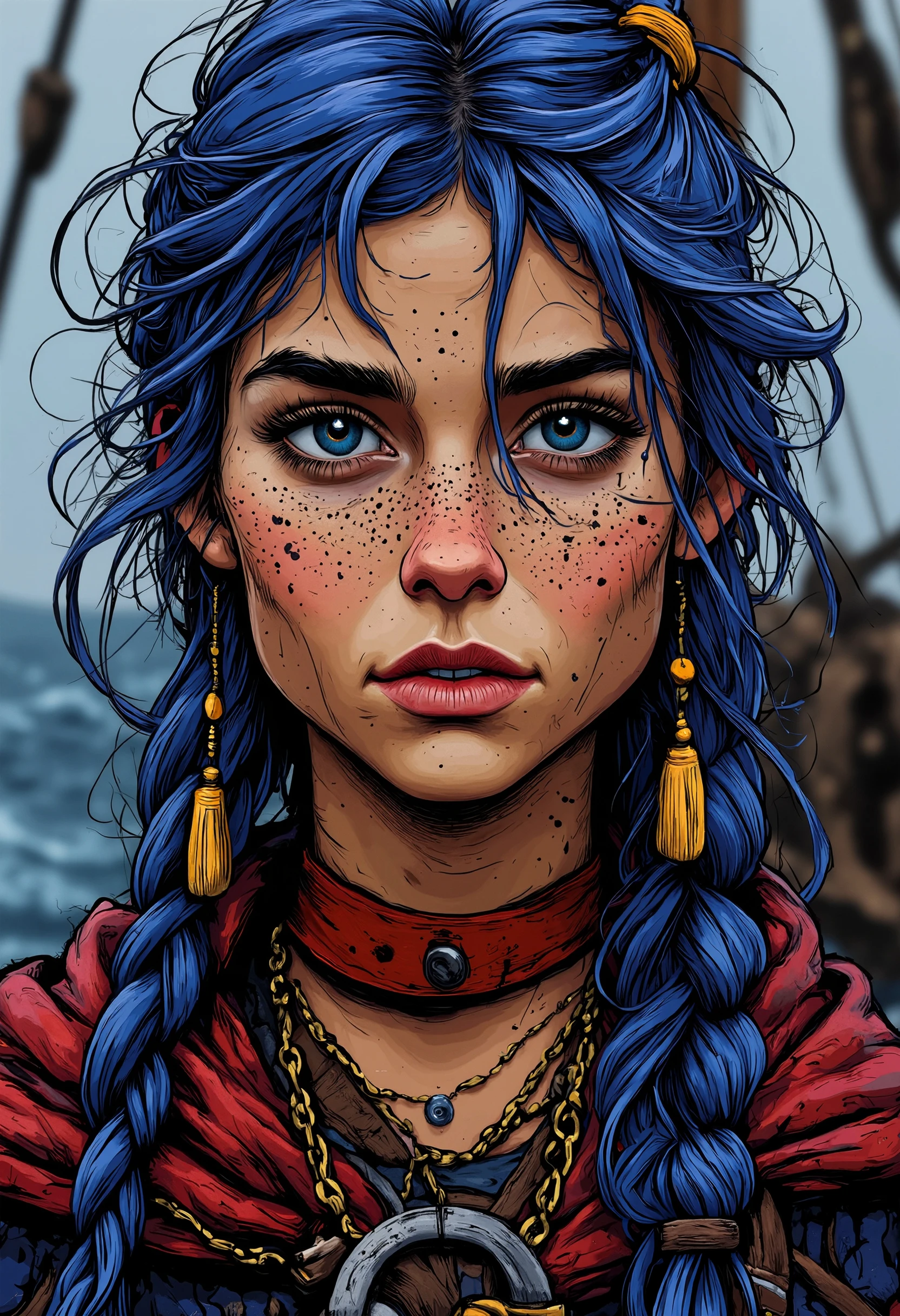 pst003,please give me a natural fotoshoot of Anne with blue floating hair dressed up as pirate on a ship, cinematic, blue hair, blue hair, blue hair, masterpice