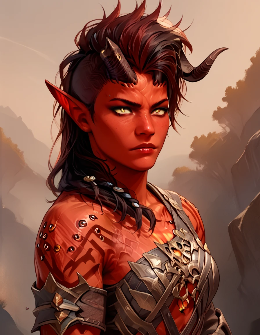 <lora:baldursgate3:1>, karlach, colored skin, demon horns, red skin, black hair, horns, pointy ears, tattoo, yellow eyes, score_9, score_8_up, score_7_up, score_6_up, score_5_up, score_4_up, source_anime Dynamic Pose, armor,