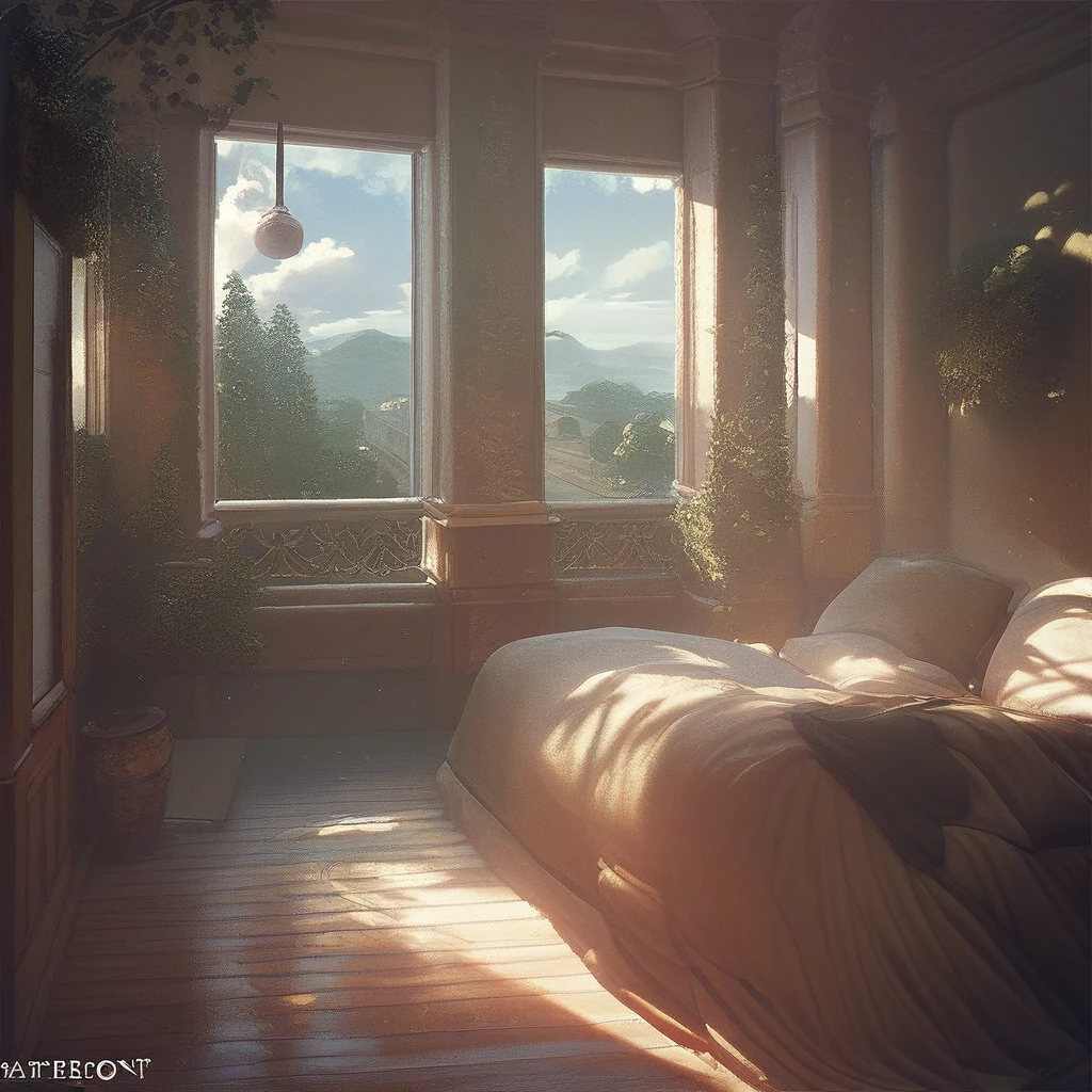 (score_9, score_8_up, score_7_up, score_6_up,) naboo, no humans, scenery, cloud, sky, bed, plant, window, table, pillow, indoors, tree, watermark, lamp, wooden floor, sunlight, cloudy sky