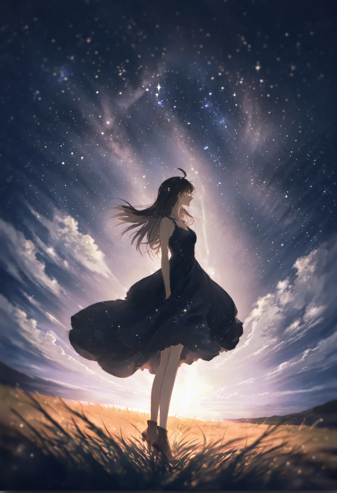 masterpiece, best quality, 1girl, solo, long hair, sky, scenery, star \(sky\), dress, starry sky, fantasy, grass, outdoors, ahoge, night, standing, light particles, night sky, wind 
 <lora:ajimitaXLlokr4f-000178:1>