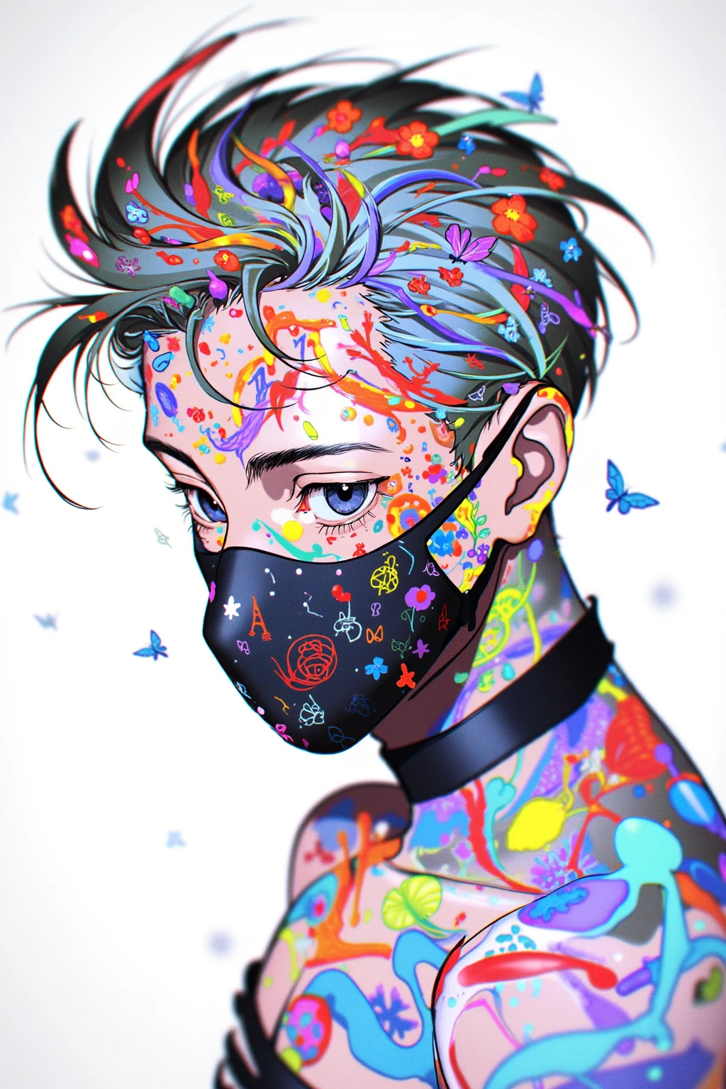 the drawing is in the style of goutuhuashi, a digital artwork in a vibrant, abstract style, it features a close-up of a person's face and upper body, with a mix of surreal and fantastical elements, the subject is a young man with pale skin and striking blue eyes, his hair is styled in a messy, voluminous manner, and his face is covered in intricate, colorful, abstract patterns and designs, including swirls, dots, and lines that create a sense of movement and energy, the background is a soft, gradient white, which contrasts sharply with the vivid colors of his face and hair, making it stand out vividly, the man's expression is one of contemplation or introspection, with his eyes half-closed and a slight frown, he is wearing a black mask that covers his nose and mouth, adding to the surreal and dreamlike quality of the artwork, the mask is adorned with a variety of small, colorful objects and symbols, including a small, stylized eiffel tower, and a few small, delicate butterflies, the overall composition is dynamic, with the subject's face blending seamlessly into the background, creating a harmonious and thought-provoking visual experience