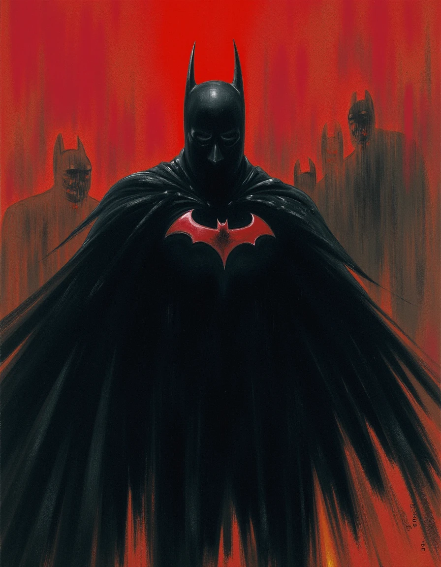 In a hauntingly vivid composition, Batman emerges as the central figure, rendered in a style reminiscent of Francis Bacon’s emotionally charged artistry. His silhouette is depicted in a dramatic contortion, the cape billowing behind him like a tattered specter, implying both power and vulnerability. The Dark Knight's expression is one of intense anguish, a raw embodiment of internal conflict, as his eyes reflect profound isolation and despair.

Surrounding him is a chaotic swirl of vivid, brutal colors—deep crimson splatters juxtaposed against stark blacks and fleeting hints of sickly yellow. These hues are aggressive, enhancing the portrait’s emotional intensity, creating a palpable sense of turmoil. The brushwork is vigorous and erratic, each stroke breathing life into the intense atmosphere of the scene, as if Batman is waging war against his own demons.

The background is abstract yet unsettling, comprising loosely rendered forms that suggest a shadowy, dystopian Gotham. This blurred cacophony isolates Batman further, distilling the essence of his existential struggle against a backdrop of decay and chaos. Themes of mortality and isolation are woven throughout the piece; the darkness around him serves as a reminder of his perpetual battle against both external foes and internal shadows. Each element coalesces to form a striking visual narrative, inviting viewers to grapple with the complex emotional landscape of one of the world’s most iconic heroes.