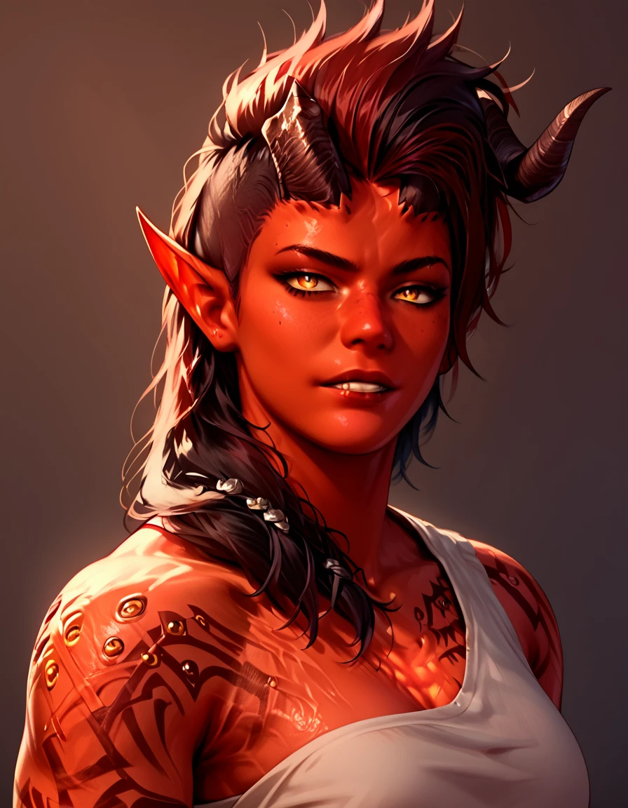 <lora:baldursgate3:1>, karlach, colored skin, demon horns, red skin, black hair, horns, pointy ears, tattoo, yellow eyes, score_9, score_8_up, score_7_up, score_6_up, score_5_up, score_4_up, source_anime , 1girl, portrait,