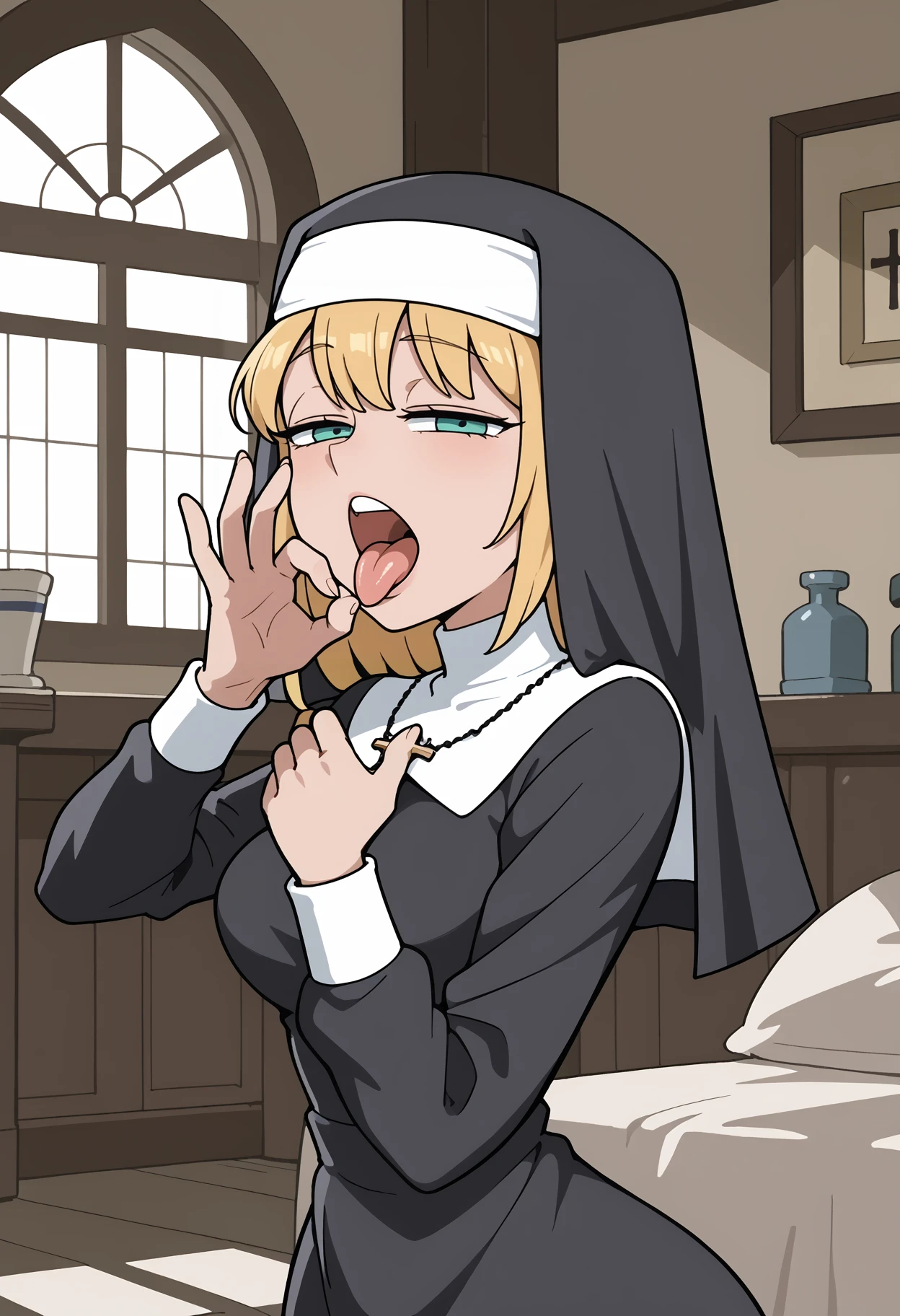 aasister, long hair, nun, habit, white capelet, neck ribbon, (black dress:1.2), long sleeves, white gloves, full-length zipper,huge breasts,expressionless,(fellatio:1.5),(((spoken heart))),covering eyes