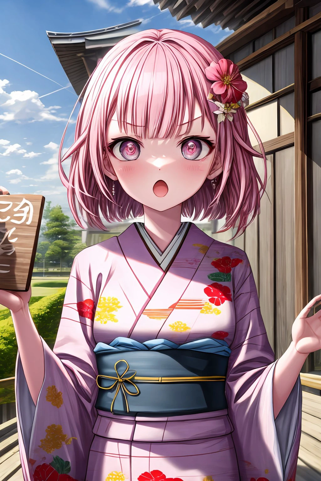 (masterpiece), best quality, expressive eyes, perfect face, emuwdh, looking at viewer, blush, open mouth, hair ornament, long sleeves, holding, flower, outdoors, japanese clothes, sky, day, hair flower, wide sleeves, blunt bangs, medium hair, kimono, :o, v-shaped eyebrows, sash, obi, floral print, table, sign, print kimono, pink kimono, <lora:462c30eb-f2ba-48be-a322-b06ee7b4a843:0.7>, <lora:more_details:0.7>