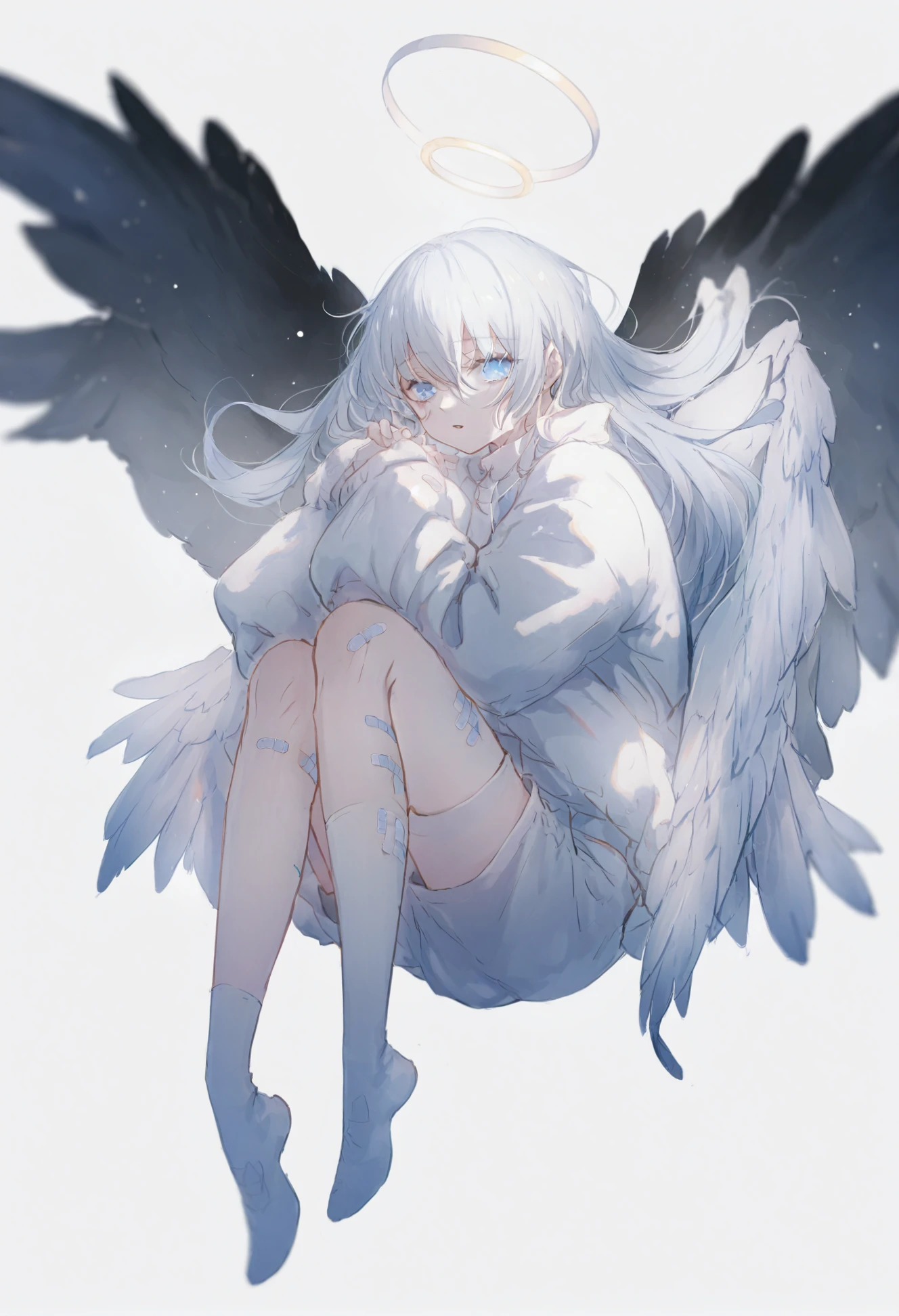 masterpiece, best quality, solo, wings, bandaid on leg, bandaid, halo, looking at viewer, blue eyes, 1girl, white hair, feathered wings, angel, sleeves past wrists, angel wings, white background, bandaid on knee, hair between eyes, long hair, sleeves past fingers, jacket, white wings, socks, parted lips, long sleeves, white jacket, shorts, simple background 
 <lora:ajimitaXLlokr4f-000178:1>