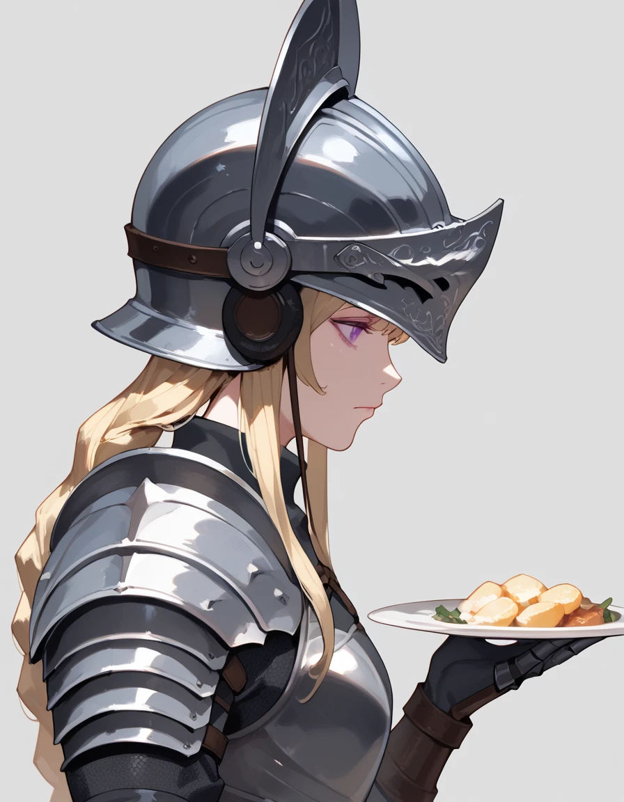 score_9, score_8_up, score_7_up, score_6_up, m1ne0h , lnp, 1girl, solo, long hair, bangs, blonde hair, holding, closed mouth, purple eyes, upper body, braid, sidelocks, grey background, armor, from side, profile, headphones, helmet, shoulder armor, gauntlets, short hair with long locks, headwear removed, breastplate, holding helmet, plate armor, <lora:m1ne0hv1.1-pony:1>