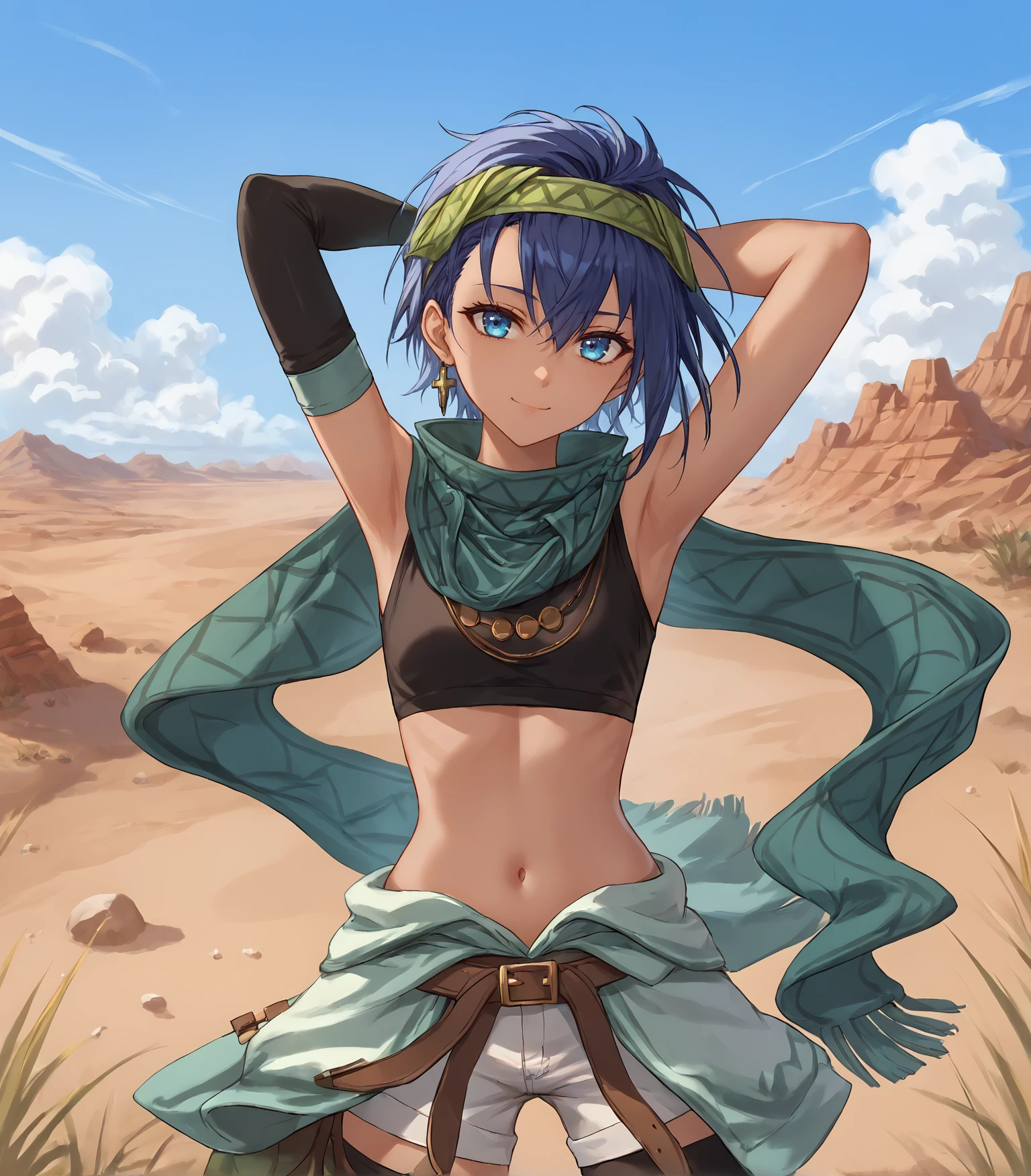 score_9, score_8_up, score_7_up,
1girl, solo, 
<lora:FeriAlFayedKai:0.9>, Feri Al-Fayed, blue eyes, blue hair, medium hair, dark-skinned female, small breasts, headband, single earring, green scarf, black crop top, elbow glove, white shorts, clothes around waist, belt, black thighhighs, leg belt, sandals,  
 looking at viewer, smile, upper body, portrait, arms behind head,
outdoors, desert, distant mesa, sky, distant river, clouds,
<lora:LDART_style_pony_v3:0.7>,, <lora:Racoonkun_Artist_Style:0.4>, racoonsan,, ,