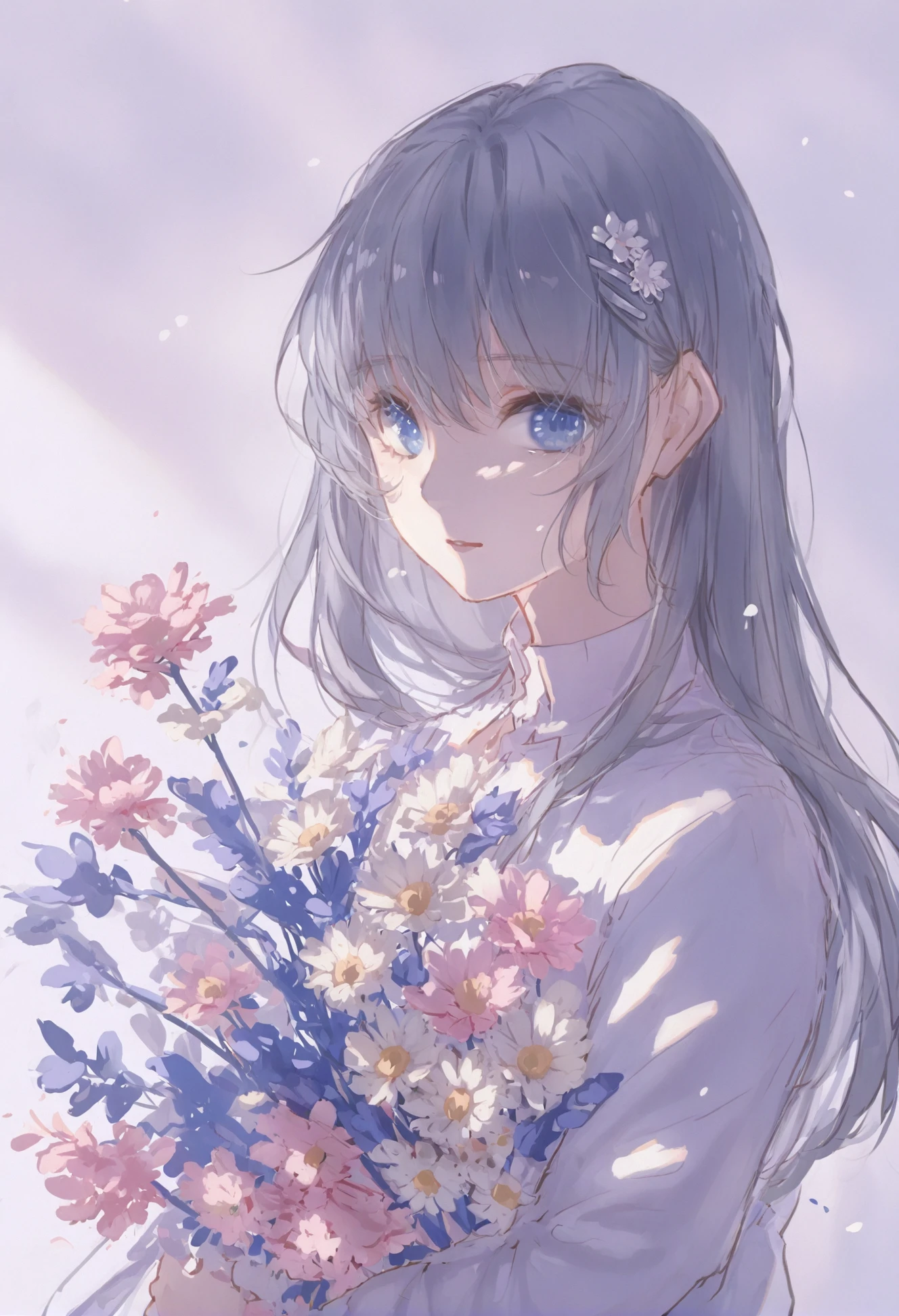 masterpiece, best quality, flower, 1girl, solo, blue eyes, bouquet, hair ornament, hairclip, long hair, holding, holding bouquet, white flower, pink flower, parted lips, grey hair, hair between eyes, petals, upper body, long sleeves, daisy, yellow flower, holding flower, looking at viewer 
 <lora:ajimitaXLlokr4f-000178:1>