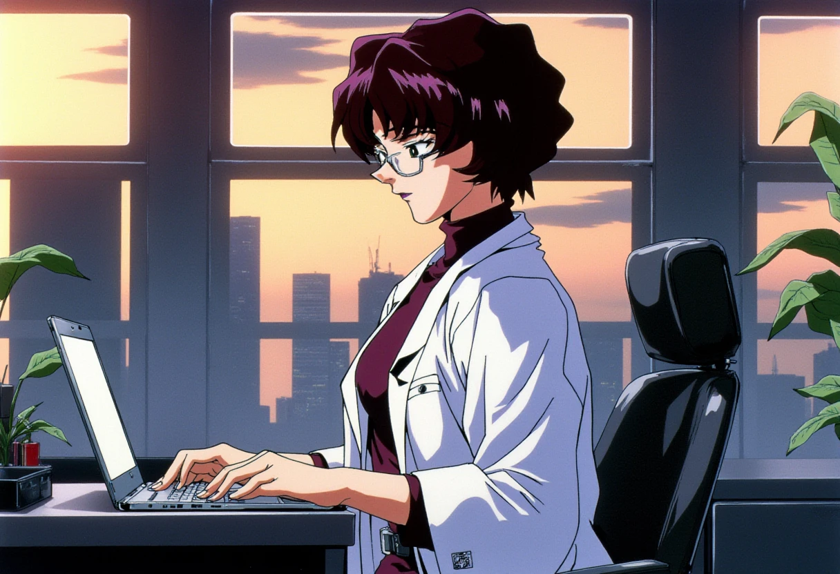 A detailed solo portrait of a mature woman naoko akagi.
nside a dimly lighted office room, she wears a white lab coat, a shirt and a pencil skirt. She wears a pair of eyeglasses. She has a laptop on her lap, busy typing on the keyboard. Her eyeglasses are reflecting the light from the laptop screen. 
Anime style, sharp, high contrast and highly detailed. Ghibli anime style. Perfect anatomy. Perfect body ratio. No oversized head. No blurry, out of focus pictures. No simple background, no single color background.
 <lora:Naoko Akagi - Flux prototype_epoch_8:1>