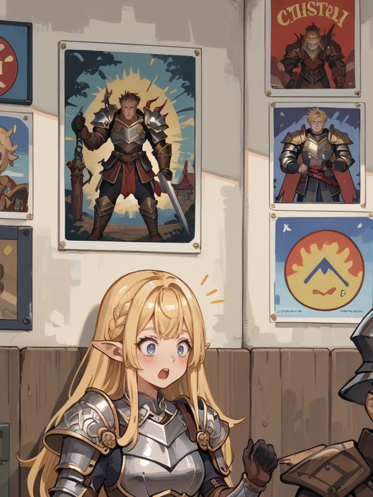 score_9,score_8_up,score_7_up,source_anime,1girl,<lora:wall_posters:1>,poster \(object\),fantasy,pointy ears,long blonde hair,wooden wall,surprised,armor,