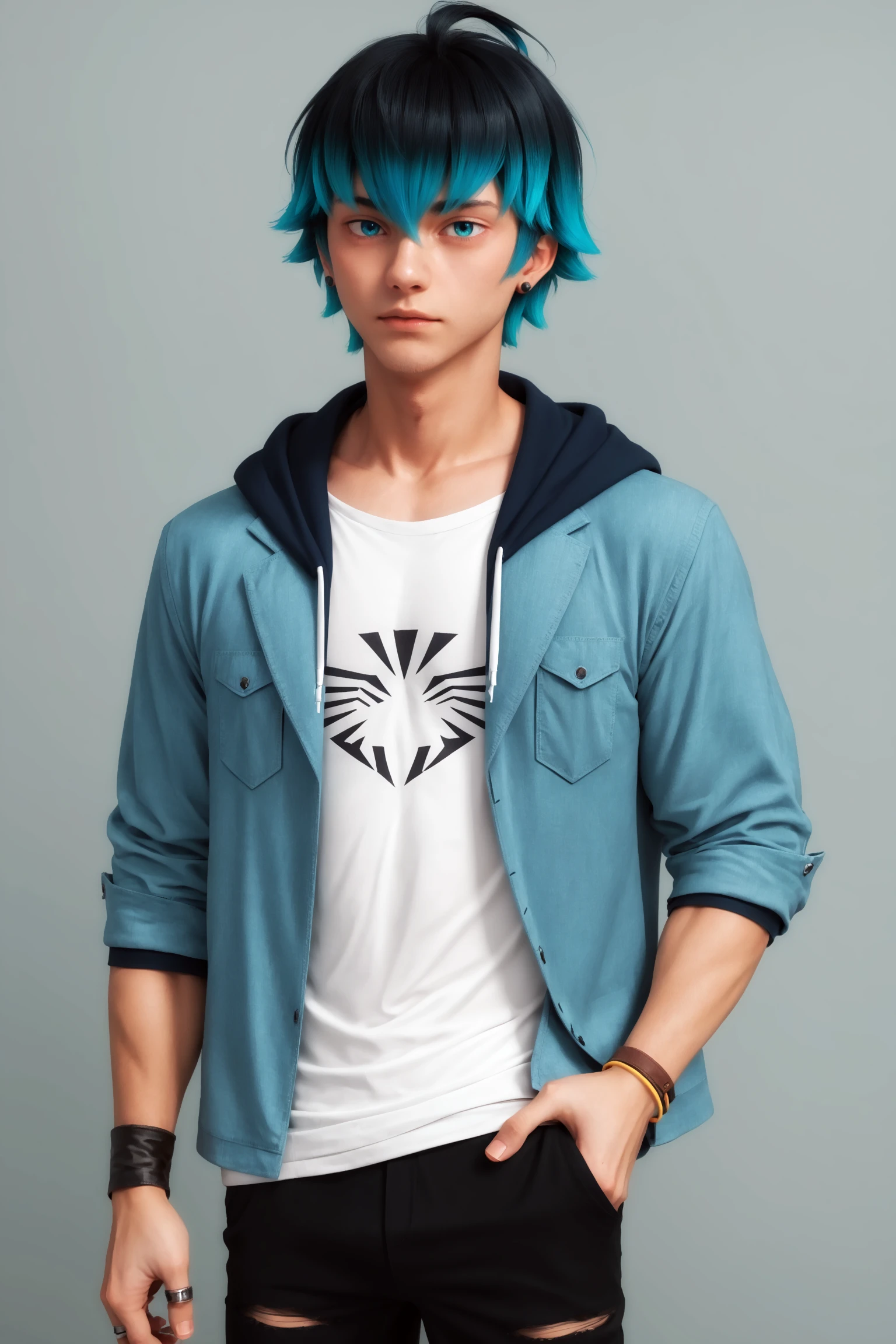 score_9, score_8_up, score_7_up, score_6_up,score_5_up,score_4_up, imtdlukac, 1boy, blue hair, hood, aqua eyes, blue eyes, jacket, shirt, white shirt, hoodie, multicolored hair, short hair, pants, bracelet, hair between eyes, bangs, hood down, ahoge, green hair, black hair, gradient hair, ring, torn pants, wristband, stud earrings, black pants
