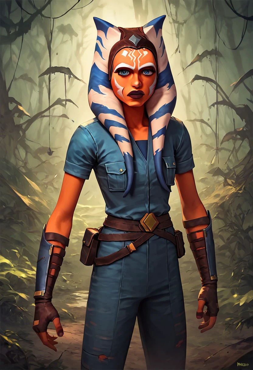 score_9, score_8_up, score_7_up, score_6_up, solo, 1girl, ahsoka, brown headband, orange skin, Outfit1, blue shirt,  vambraces, fingerless gloves,blue pants, (surreal, abstract:1.2), in forest,looking at viewer