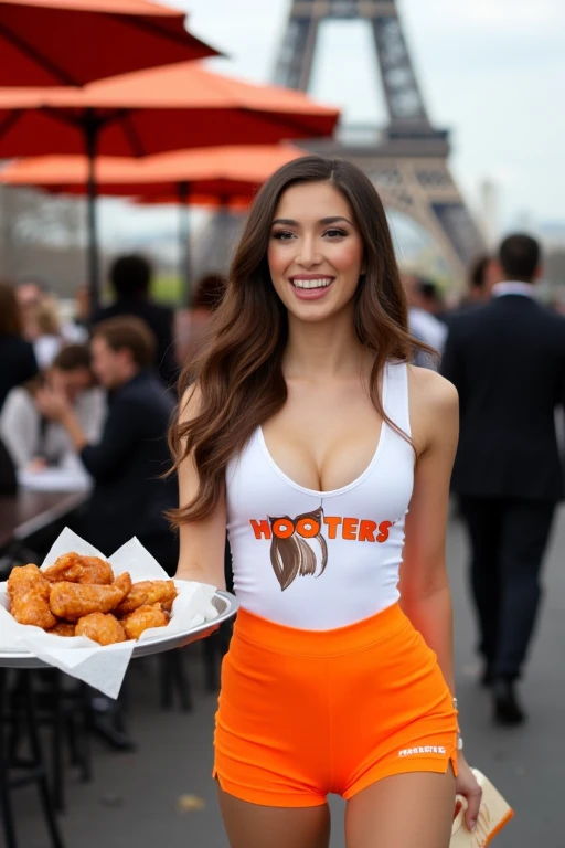 a photograph, of a young woman wearing a hooters uniform, white tanktop, orange shorts, she is carrying a tray with a plate of chicken wings, the scene is set a hooters resturant thats a parisian cafe, offended parisians in the background, eiffell tower in the distance