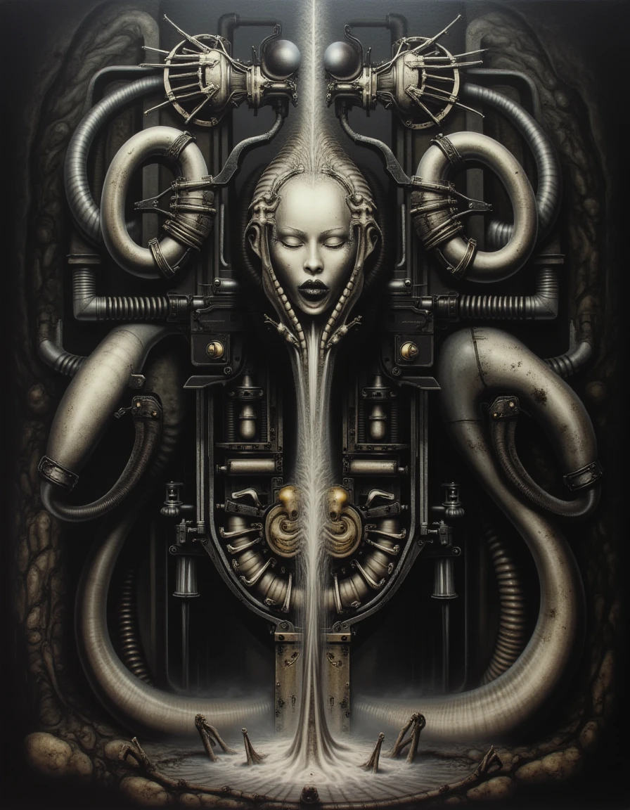 In a surreal tableau reminiscent of a dark dream, a highly detailed painting unfurls before the viewer, capturing the essence of biomechanical phallic imagery intertwined with the haunting sexual horror style of H.R. Giger. Dominating the scene is a colossal, industrial machine, its twisted and alien structure pulsating with an otherworldly energy. The machine, constructed from an array of sleek, metallic pipes that resemble grotesque, exaggerated phallic forms, looms ominously. 

These pipes, intricately adorned with jagged patterns and a sinister sheen, pump a viscous, transparent fluid that oozes through the apparatus like a viscous, white liquid reminiscent of semen. The fluid glistens in the dim light, reflecting ominous glimmers as it navigates the machine's dark crevices. Surrounding the machinery, components take on a curvaceous, feminine shape, their surfaces smooth and reflective, creating a disquieting contrast to the harsh industrial setting.

The background is shrouded in shadows, with hints of twisted, skeletal structures that evoke a sense of dread and fascination. A murky, smoky ambiance envelops the scene, contributing to the palpable tension, while unsettling, faint whispers of an eerie mechanical hum resonate in the air. This unsettling auditory backdrop enhances the overall atmosphere, inviting a feeling of unease mixed with intrigue. 

The painting captures an emotional tension—a blend of eroticism and horror—drawing viewers into a world where the line between machine and organism is disturbingly blurred, igniting a visceral response that lingers long after the gaze is averted. Each brushstroke meticulously details the interplay of light and dark, emphasizing the sensual curves and ominous edges of the machine, woven together in a haunting, nightmarish dance.