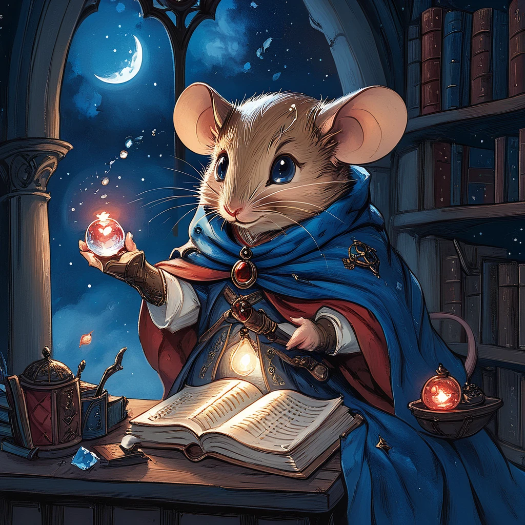 <lora:MazesMiceSDXL:1> MazesAndMice, The image is an illustration of a mouse sitting at a desk in a library. The mouse is wearing a blue robe and has a red cape draped over its shoulders. It is holding a crystal ball in its paws and appears to be reading a book. The book is open and there are various objects scattered around the desk including a lamp a vase and a stack of books. The background is filled with bookshelves and there is a window with a view of the night sky. The overall mood of the image is magical and whimsical., mouse, book, sword, weapon, mouse ears, cape, bookshelf, fantasy, furry, magic