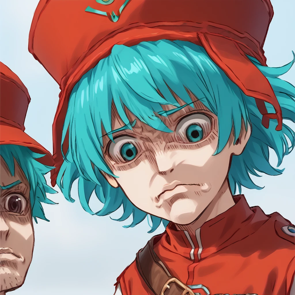 <lora:.hack_kite:1> 1boy, turquoise hair, red outfit, hat
 <lora:YelenaFaceParody_pdxl_Incrs_v1:1> yelenafaceprdy, shaded face, closed mouth