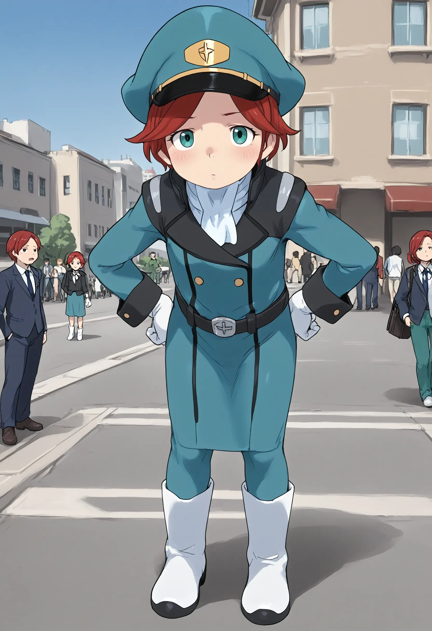 <lora:Hyper-SDXL-8steps-lora:1> <lora:Fixhands_anime_bdsqlsz_V1:1> zPDXL2, score_9, score_8_up, score_7_up, source_anime, intricate details, perfect anatomy BREAK
outdoors, city, tokyo, japan, audience, crowd, standing, hands on own hips, leaning forward, Relieved, Mouth turned up slightly, eyes wide open, and a relaxed jaw., 1girl, solo, solo focus,
<lora:GAGE-natora_einus_XL(pony)v10:1> GAGE-natora, red hair, short hair, green eyes, green dress, white ascot, white gloves, belt, green pencil skirt, green pants, white boots, green peaked cap,