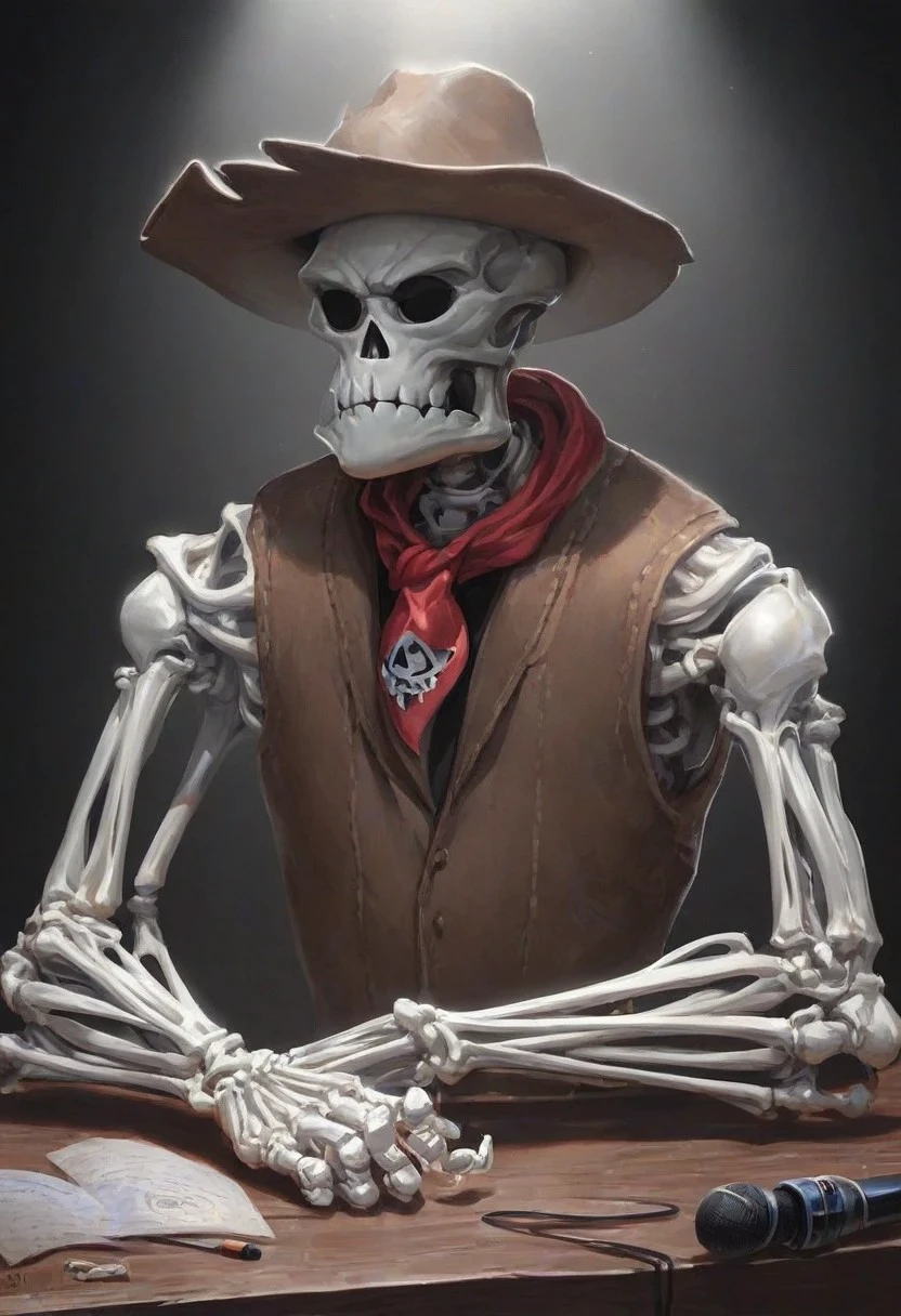 score_9, score_8_up, ghost_tcr, skull, cowboy hat, neckerchief, skeleton, vest, sitting, desk, microphone, radio studio, 1boy, realistic, bored, annoyed, holding own head, neon sign reads "ON AIR", solo, black background, spotlight