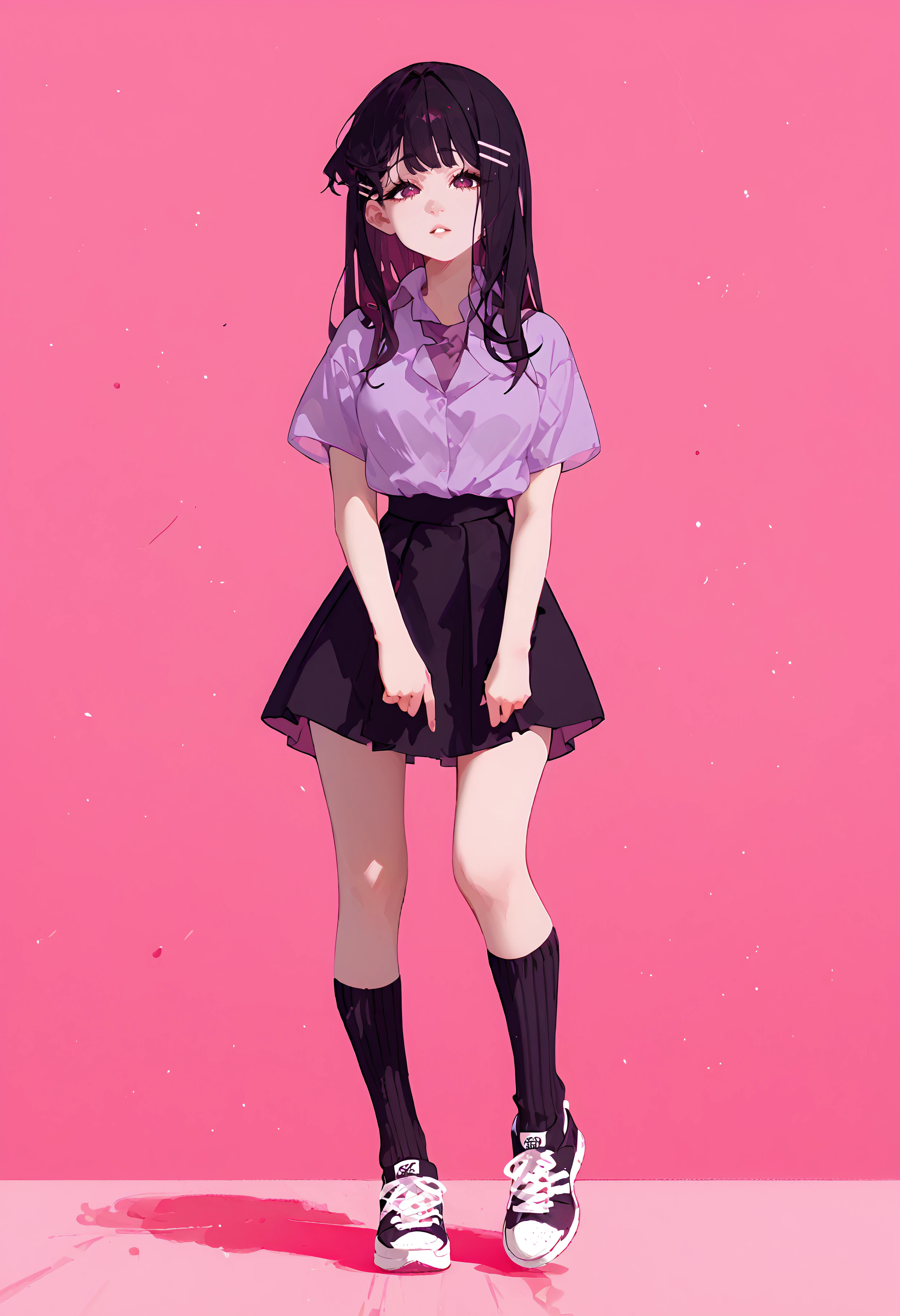 score_9, score_8_up, score_7_up, best quality, source_anime BREAK, Rayne Liebert, 1girl, black skirt, long hair, collared shirt, black socks, shoes, short sleeves, hair ornament, pink background, hairclip, black hair, full body, parted lips, sneakers, looking at viewer, purple shirt, standing, shirt tucked in, <lora:RayneLiebert-000005:1>