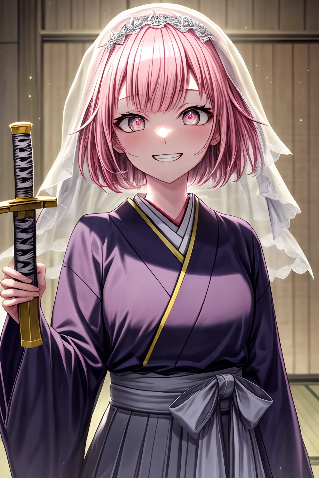 (masterpiece), best quality, expressive eyes, perfect face, emuwdh, looking at viewer, smile, skirt, holding, upper body, weapon, japanese clothes, sword, indoors, kimono, grin, blurry, katana, hakama, veil, light particles, black hakama, shinai, <lora:462c30eb-f2ba-48be-a322-b06ee7b4a843:0.7>, <lora:more_details:0.7>