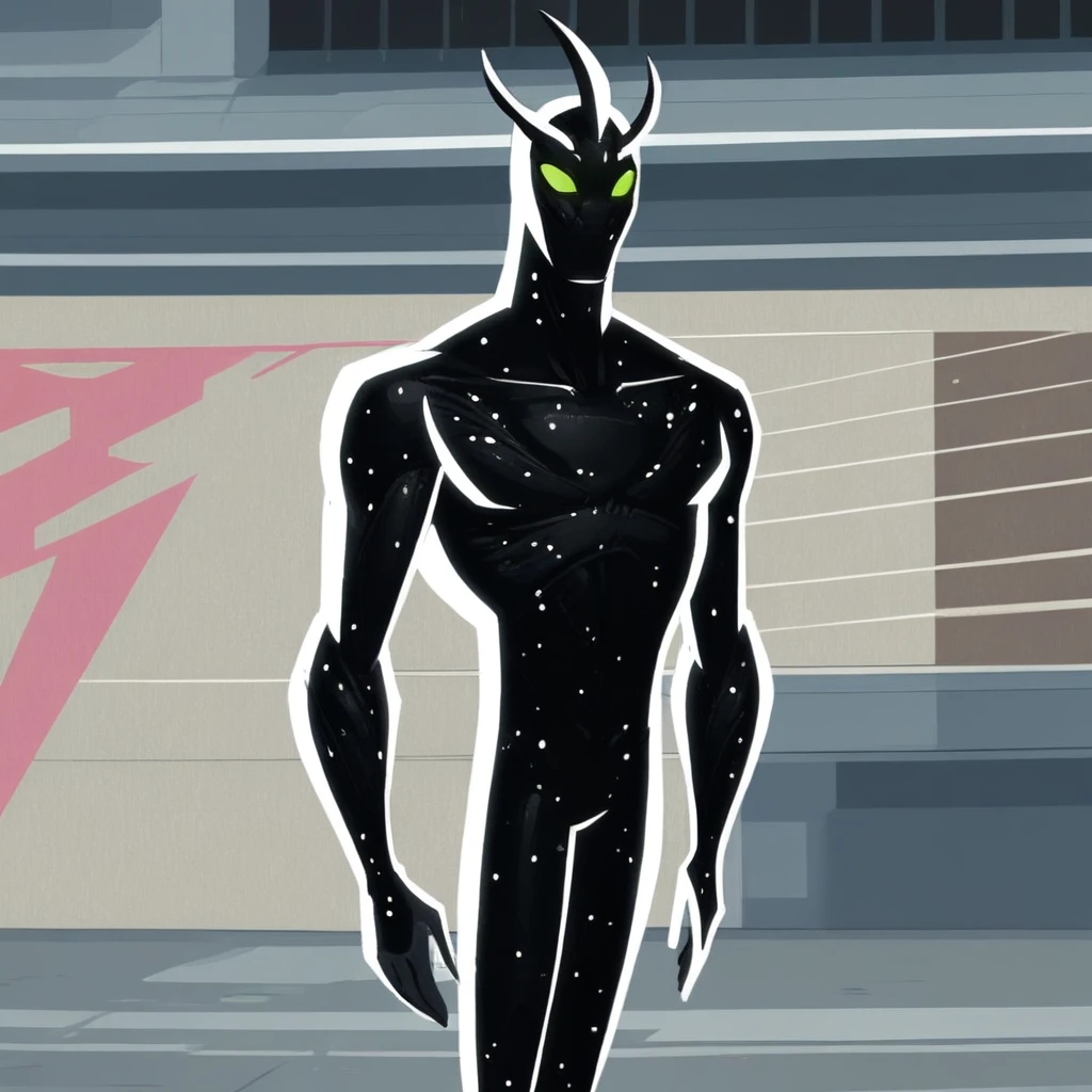 alien, black body, no mouth, no nose, no pupils, green eyes, antennae, stars, solo, Standing in the middle of the street