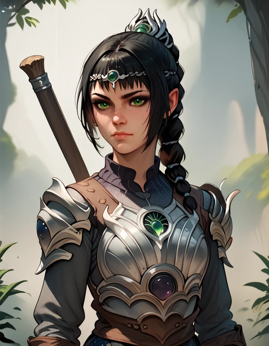 <lora:baldursgate3:1>, shadowheart, black hair, braid, green eyes, score_9, score_8_up, score_7_up, score_6_up, score_5_up, score_4_up, source_anime Dynamic Pose, armor,