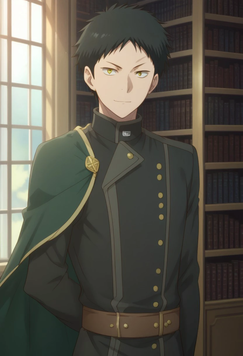 score_9, score_8_up, score_7_up, source_anime, highly detailed, 
obi_sw, 1boy, male focus, black hair, yellow eyes, solo, bookshelf, library, short hair, looking at viewer,
upper body, cape, arms behind back, uniform, military uniform, serious, secret smile, parody,
indoor, palace,