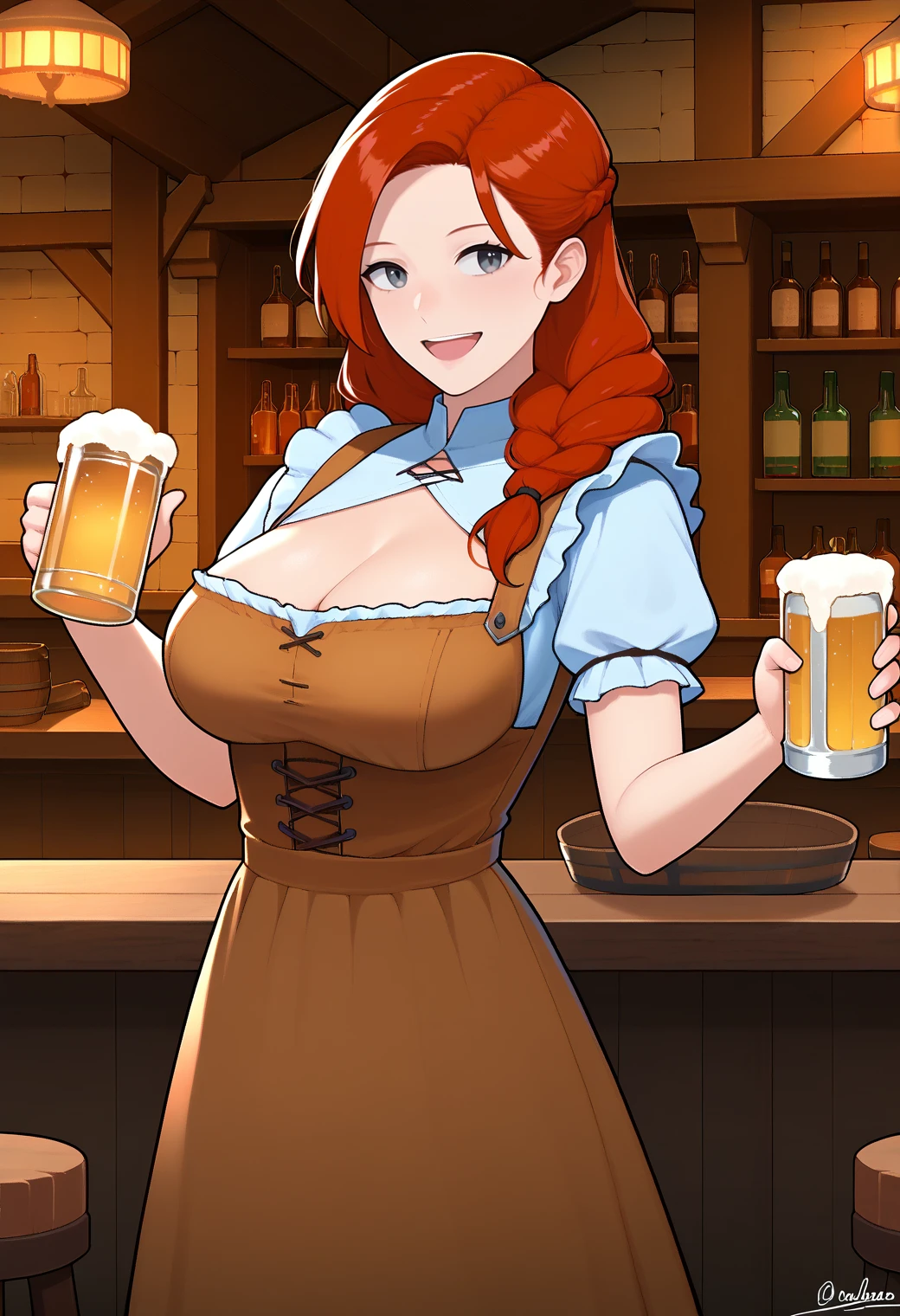 <lora:IFII_Matilna_MSV1:0.8>,ifmatilna,maturefemale, red hair,long hair,lips,dress, cleavage, medieval bar street