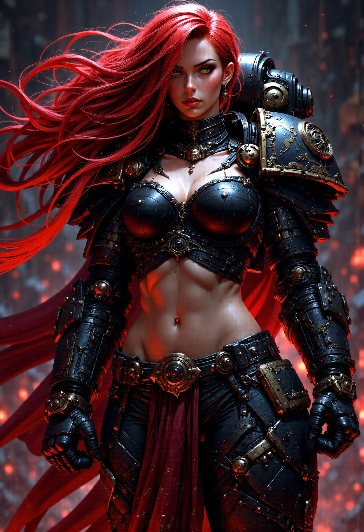 Female Space Marine with red hair with a dark background, red enbers 