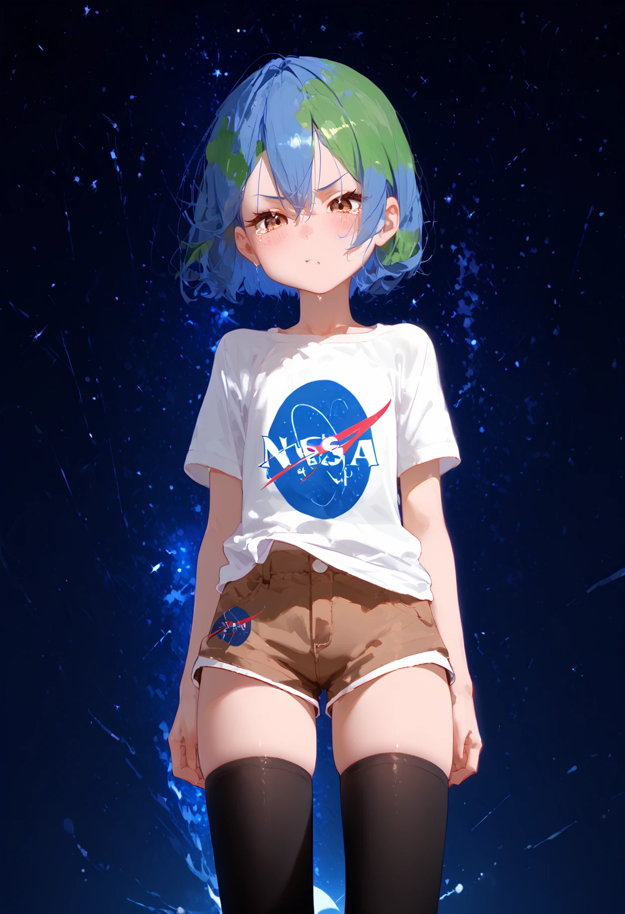 score_9, score_8_up, score_7_up, best quality, source_anime BREAK, Earth-chan, 1girl, green hair, multicolored hair, brown eyes, white shirt, blue hair, two-tone hair, short hair, short sleeves, space, hair between eyes, starry sky, NASA shirt, blush, brown shorts, short shorts, black thighhighs, annoyed, tears, oversized shirt, flat chest, <lora:Earth-chan:1>