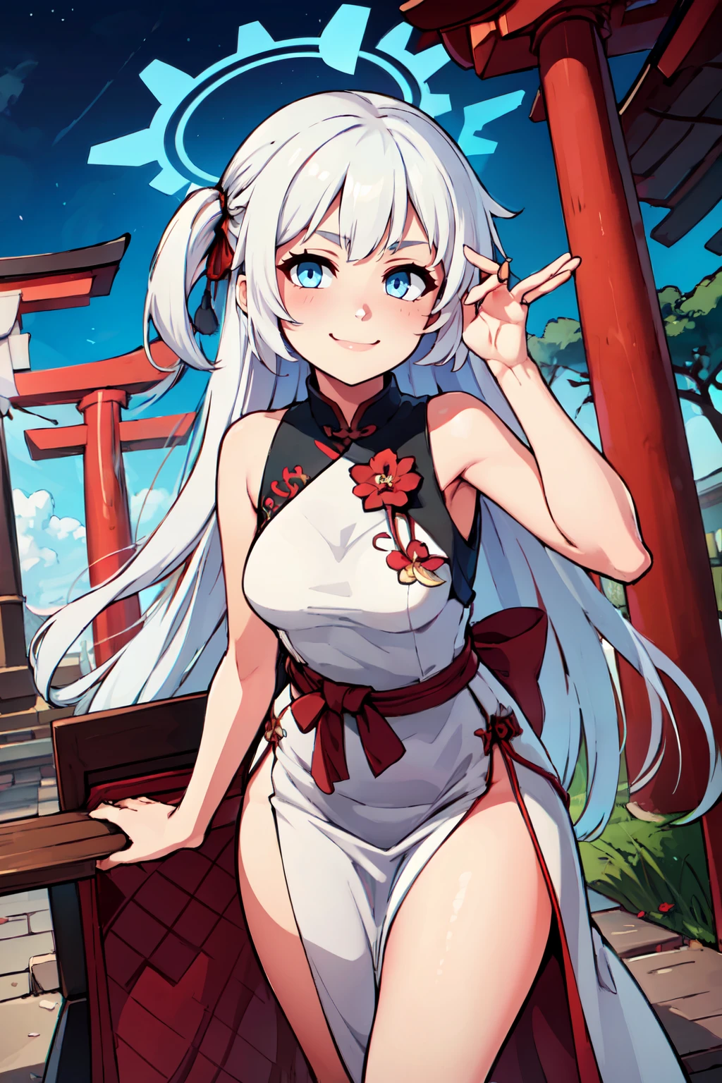 ((masterpiece,best quality)), absurdres,  BREAK, , <lora:Cherino_BlueArchive_Citron:0.8>, zzCherino, blue eyes, white hair, long hair, two side up, halo,  , BREAK,  china dress, pelvic curtain, side slit, sleeveless, print dress, covered navel, no panties, outdoors, night, torii, shrine, east asian architecture, leaning forward, hand on own thigh, from above,, BREAK, solo, smile, looking at viewer, cowboy shot,