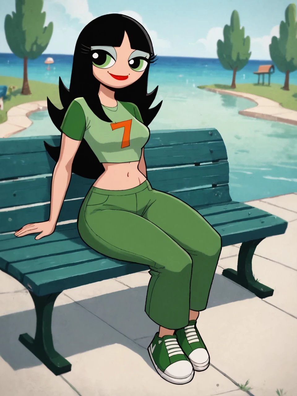 score_9, score_8_up, score_7_up, score_6_up, BREAK, Buttercup, 1girl, solo, black hair, long hair, navel, midriff, green shirt, green footwear, green pants, closed mouth, red lipstick, smile, bench, sitting on a bench, looking at viewe <lora:Teenercup:1>