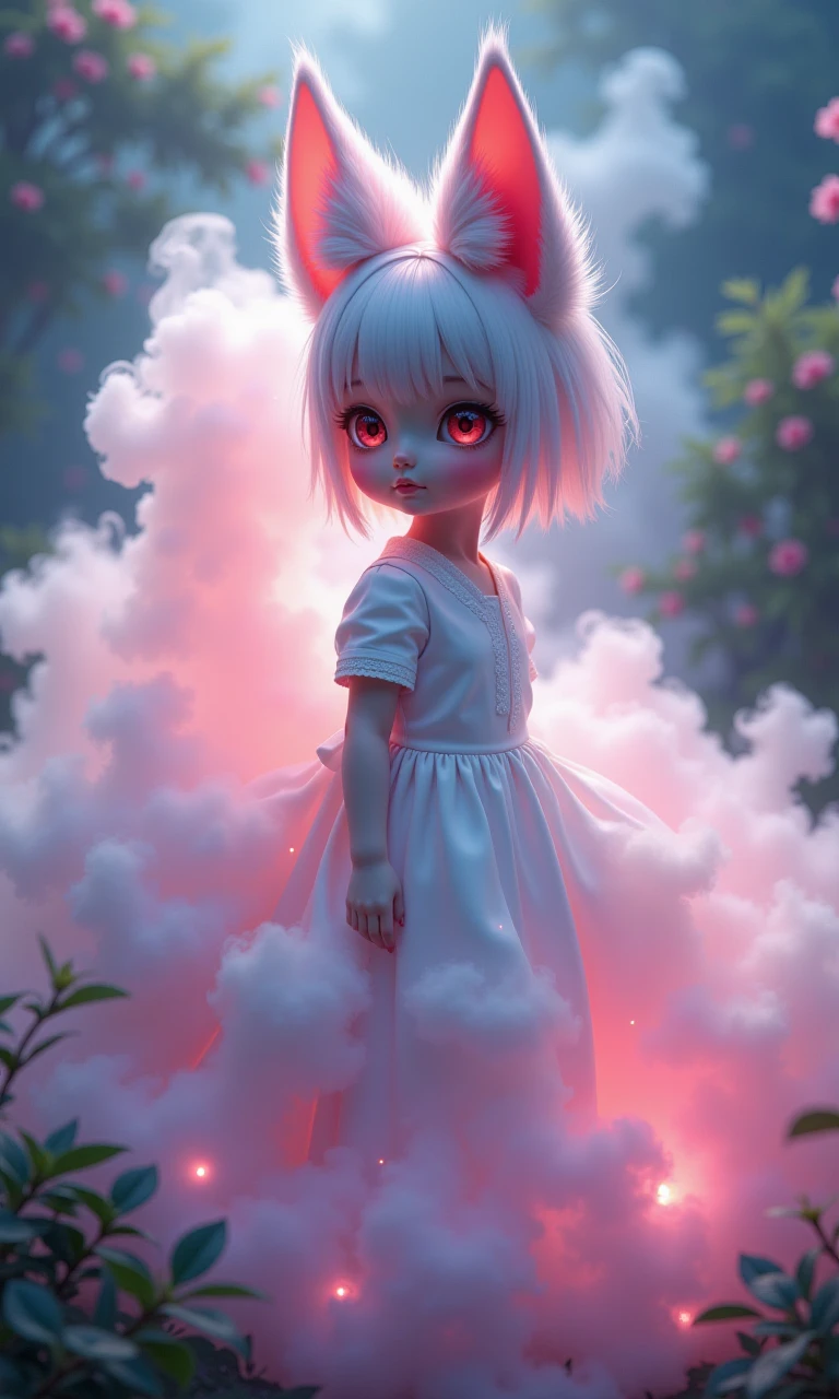 A beautiful photo,featuring a fox tail,fox ears,a cute little girl (real person) with 9 tails,a very cute face,and a white silk dress (half body view) in a beautiful garden,looking at the audience. White smoke,aurora background,perfect face,perfect hands,detailed symmetrical circular iris,love magic,beautiful sky realism,stunning realism photos,octane rendering,intricate details,movies,isometric,fantasy themes,mysterious,transformed art masterpieces,deep red eyes,color grading,light illustrations,ultimate quality,extremely detailed,ultra-fine face,ultra-high definition 8k. Pink Electric Light,Conceptual Art,Ultra Fine,Tri Color,Fantasy,Complex Details,Flash Screen,Complementary Colors Fantasy concept art,8K resolution,soft lighting,cinematography,cinematic graininess,surrealism,children's photography,