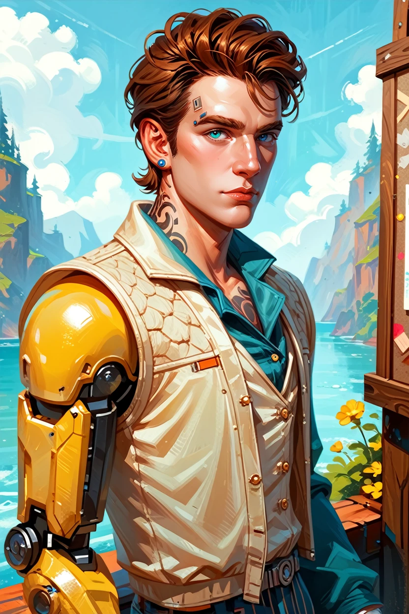 score_9, score_8_up, score_7_up, score_6_up
<lora:BLRhys:0.8>
BLRhys, 1boy, heterochromia, brown hair, android, tattoo, single mechanical arm, looking at viewer, at a contemporary art gallery, wearing a stylish suit, thoughtfully observing a painting, minimalist surroundings, cultured and sophisticated atmosphere