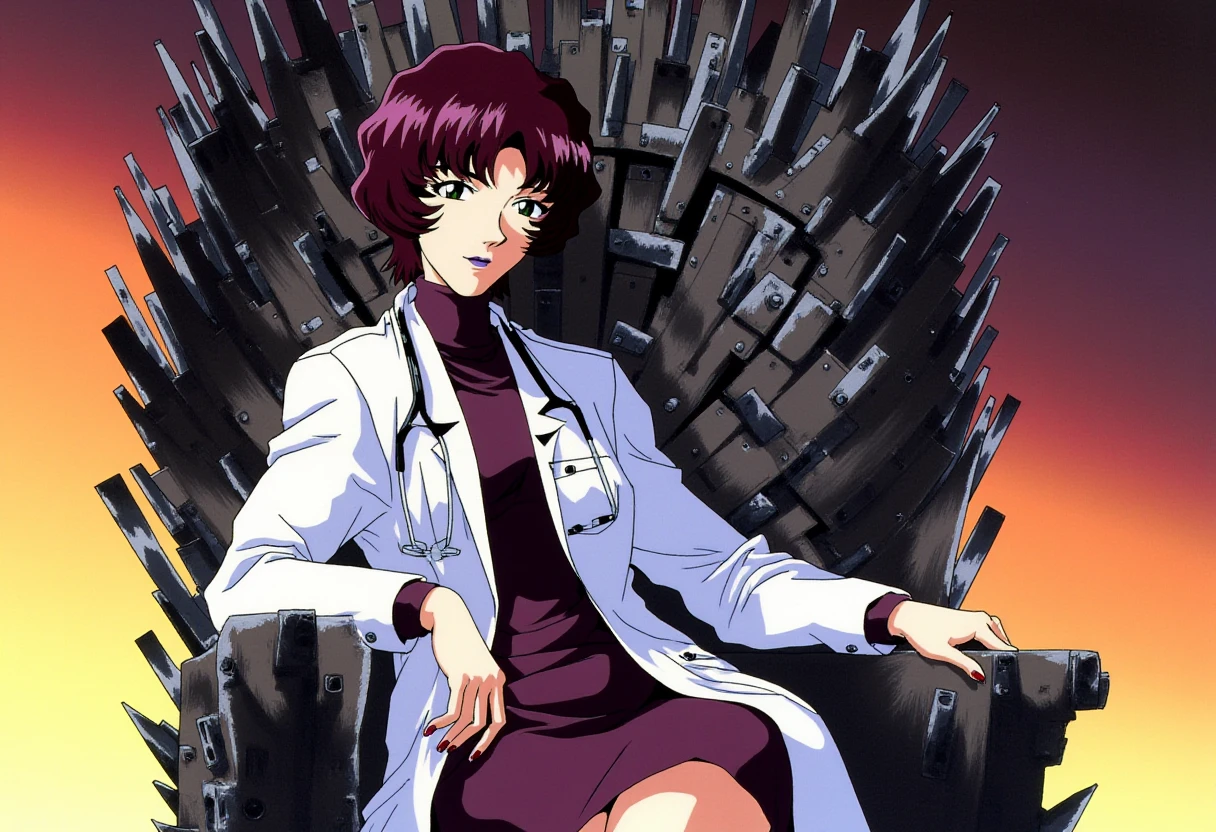 A detailed solo portrait of a mature female doctor naoko akagi.
She is wearing a labcoat, a shirt and a pencil skirt. She is sitting on the iron throne from games of throne, one leg over another.
Anime style, sharp, high contrast and highly detailed. Ghibli anime style. Perfect anatomy. Perfect body ratio. No oversized head. No blurry, out of focus pictures. No simple background, no single color background.
 <lora:Naoko Akagi - Flux prototype_epoch_8:1>