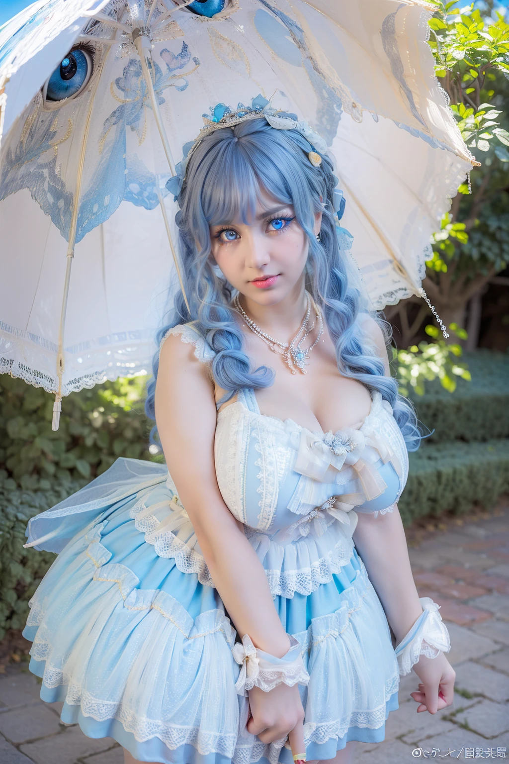 (masterpiece, best quality:1.2),illustration,8k,hd,1 girl,depth of field,bswq,dress,white dress,blue dress,umbrella,jewelry,necklace,pantyhose,bow,lace,lace trim,lace-trimmed dress,sleeveless dress,((cleavage)),big breasts,(outdoors:1.3),(glowing blue eyes:1.3),