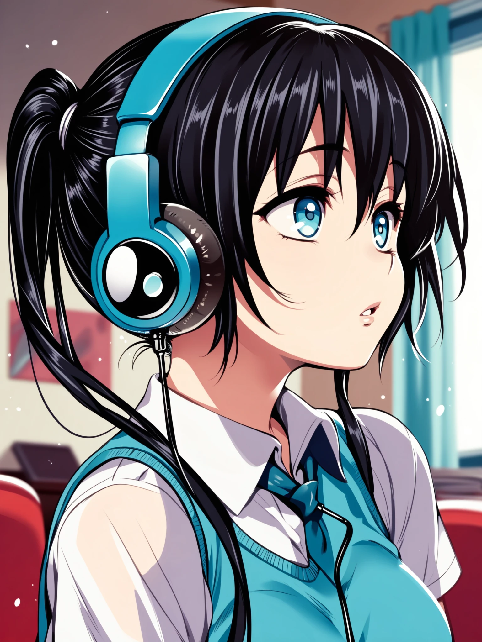 <lora:happy_tentacle-mayu-v0.1-000033:0.9>, ht_mayu, headphones, black hair, blue eyes, collared shirt, sweater vest, short sleeves, indoors , 1girl, solo, upper body , , ( parted lips :1.2), , looking up , , from side , score_9, score_8_up, score_7_up, score_6_up, score_5_up, score_4_up